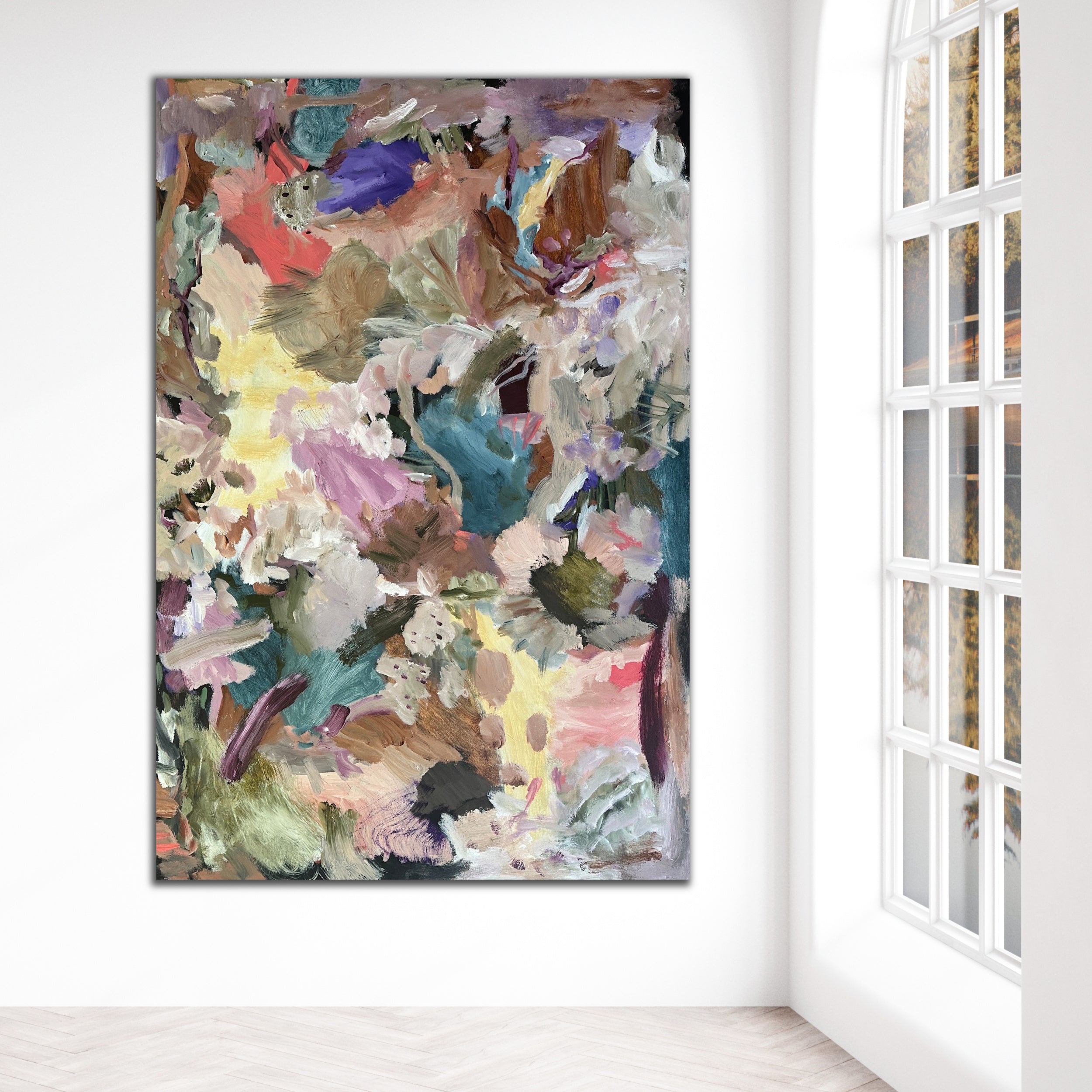 Large contemporary abstract painting hanging near sunlit window in Los Angeles inspired home