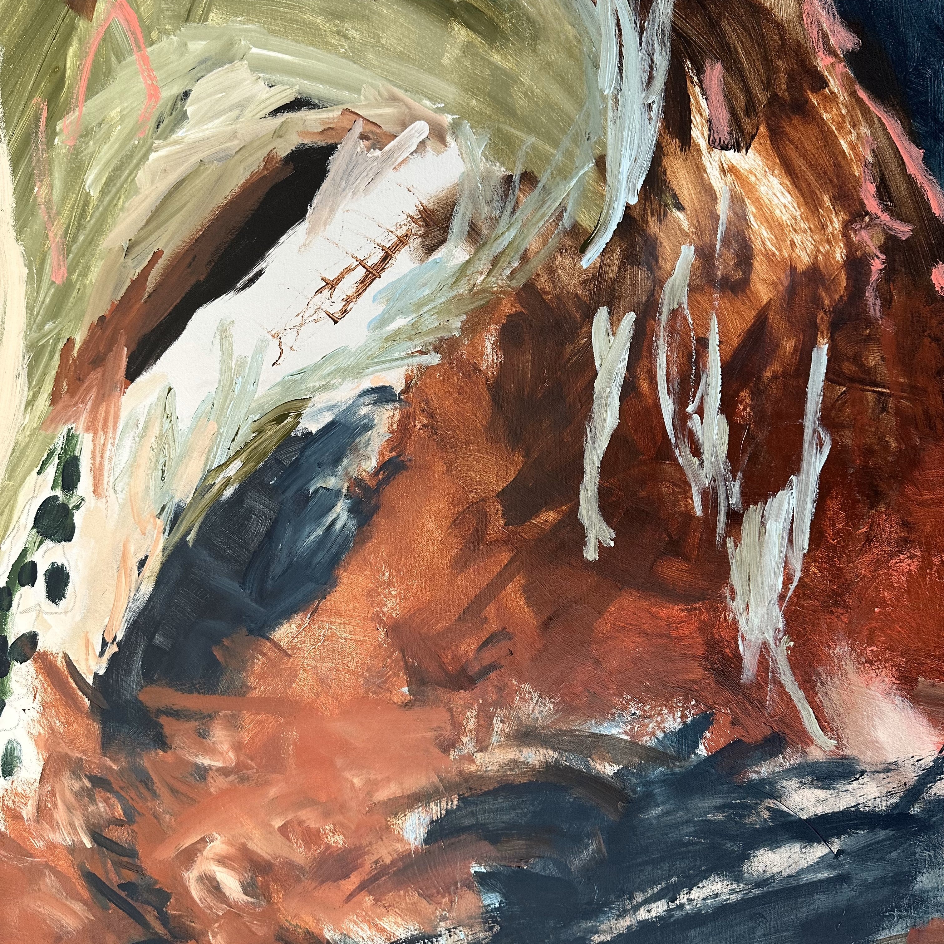 Close-up detail of abstract expressionist painting on canvas in blue, brown, green and white