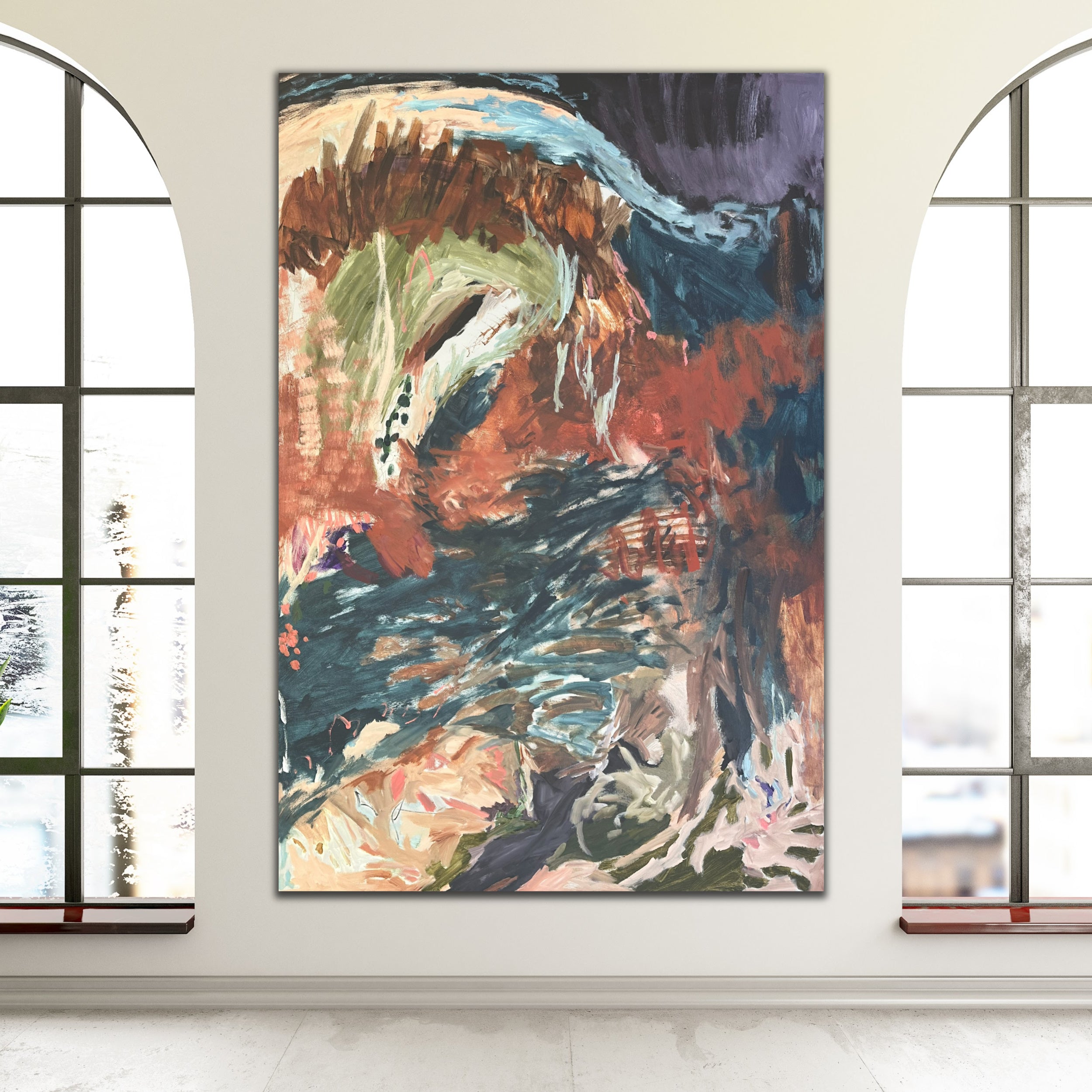 Large abstract wall art with expressive brushstrokes and mark-making hanging in modern loft warehouse style interior