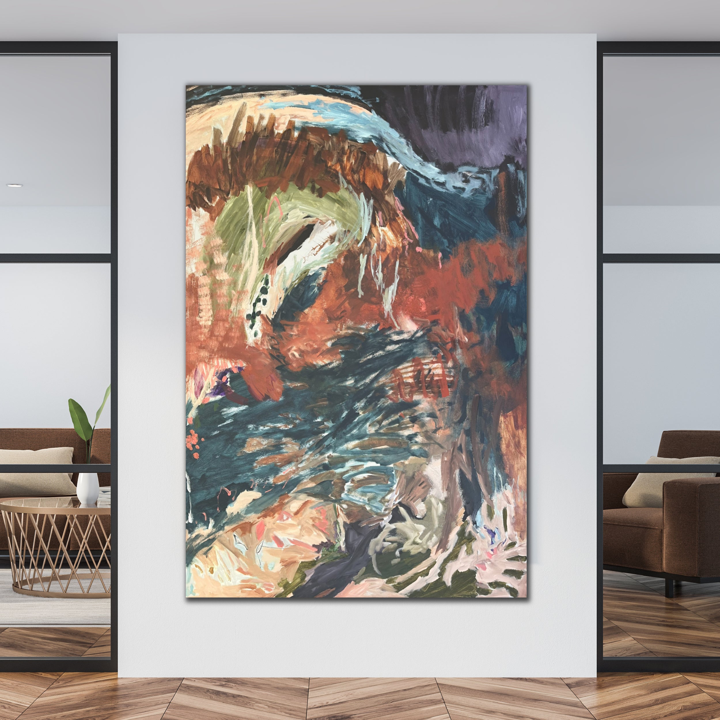 Large abstract expressionist painting hanging on wall in modern home with neutral furnishings