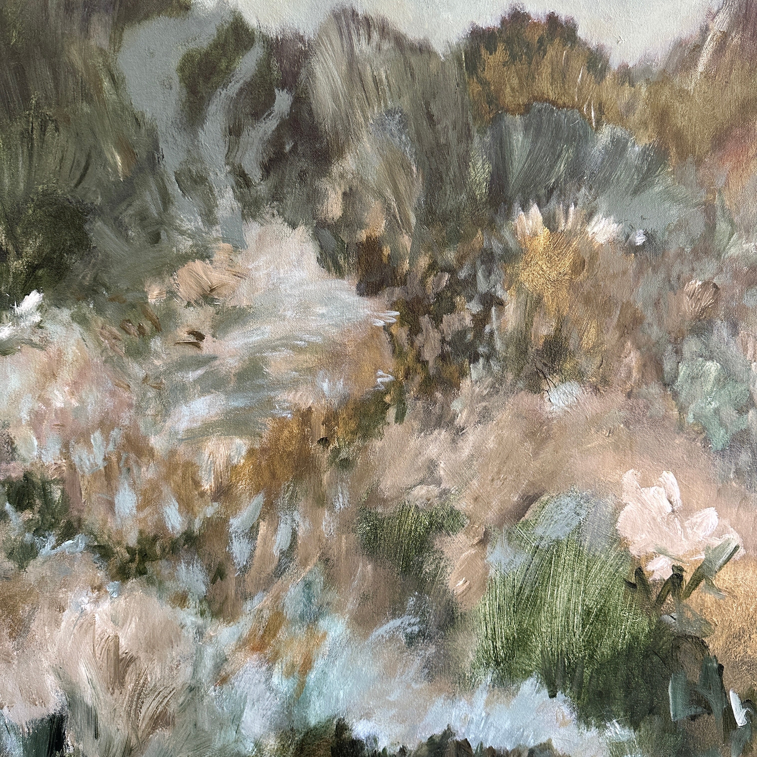 Close up detail of a landscape painting with gestural brushstrokes in natural earthy colours of green, blue, brown and white
