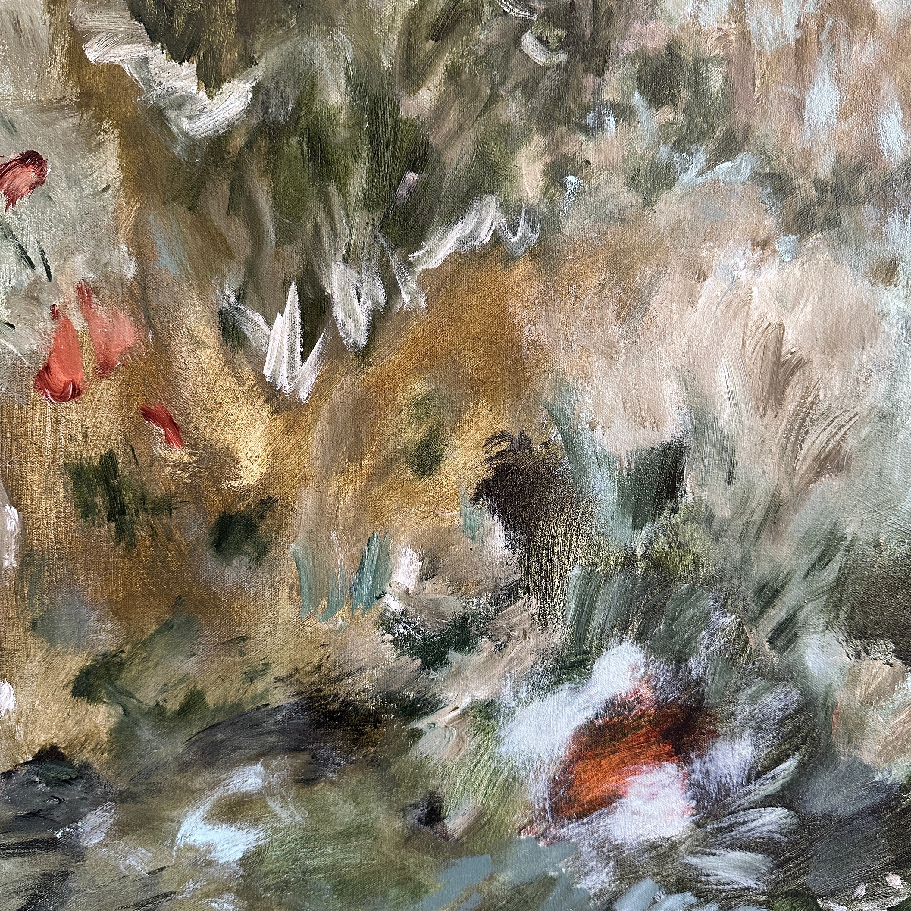 Close up detail of abstract painting with a mix of green, brown, soft blue and white colours.