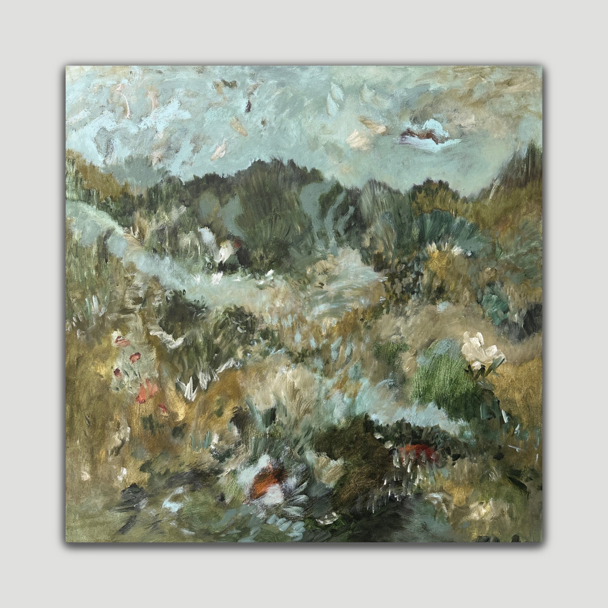 Contemporary painting of a mountain landscape in a soft colour palette of green, light blue, and brown