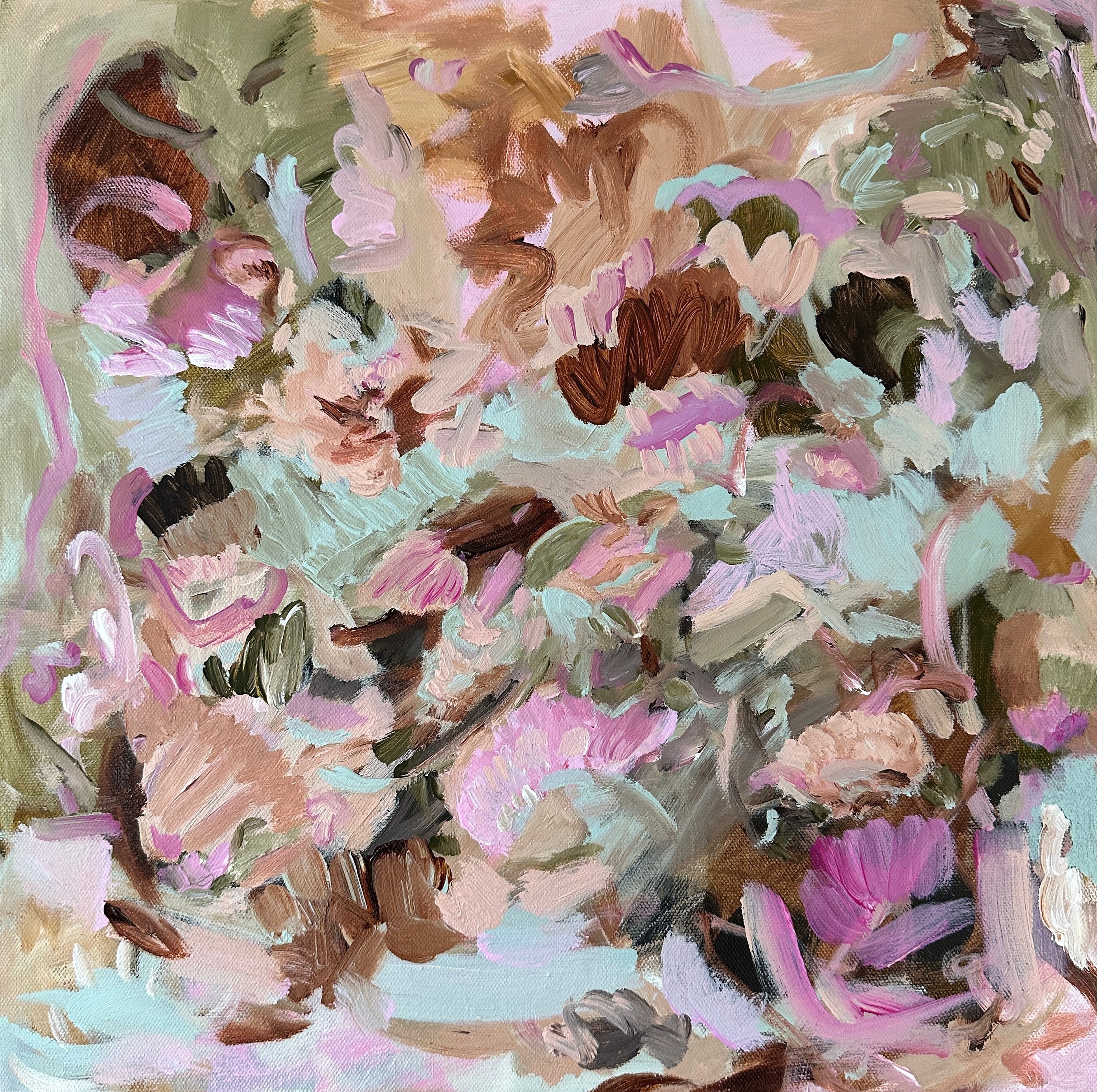 Nature inspired abstract landscape painting on canvas "Secret Garden" in light blue, pink, brown, beige and green - front crop view