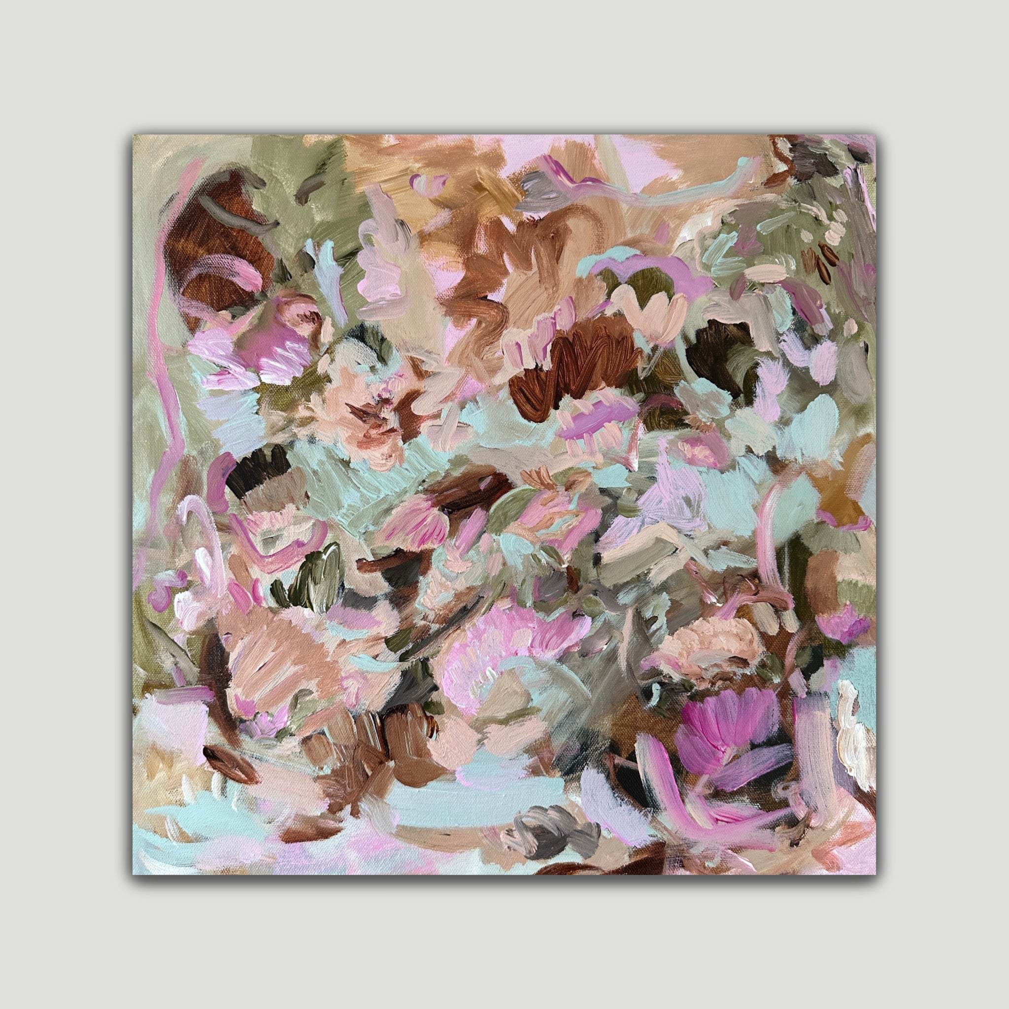 Abstract landscape painting "Secret Garden" that alludes to plants and flowers and botanical elements through expressive brushstrokes - front view