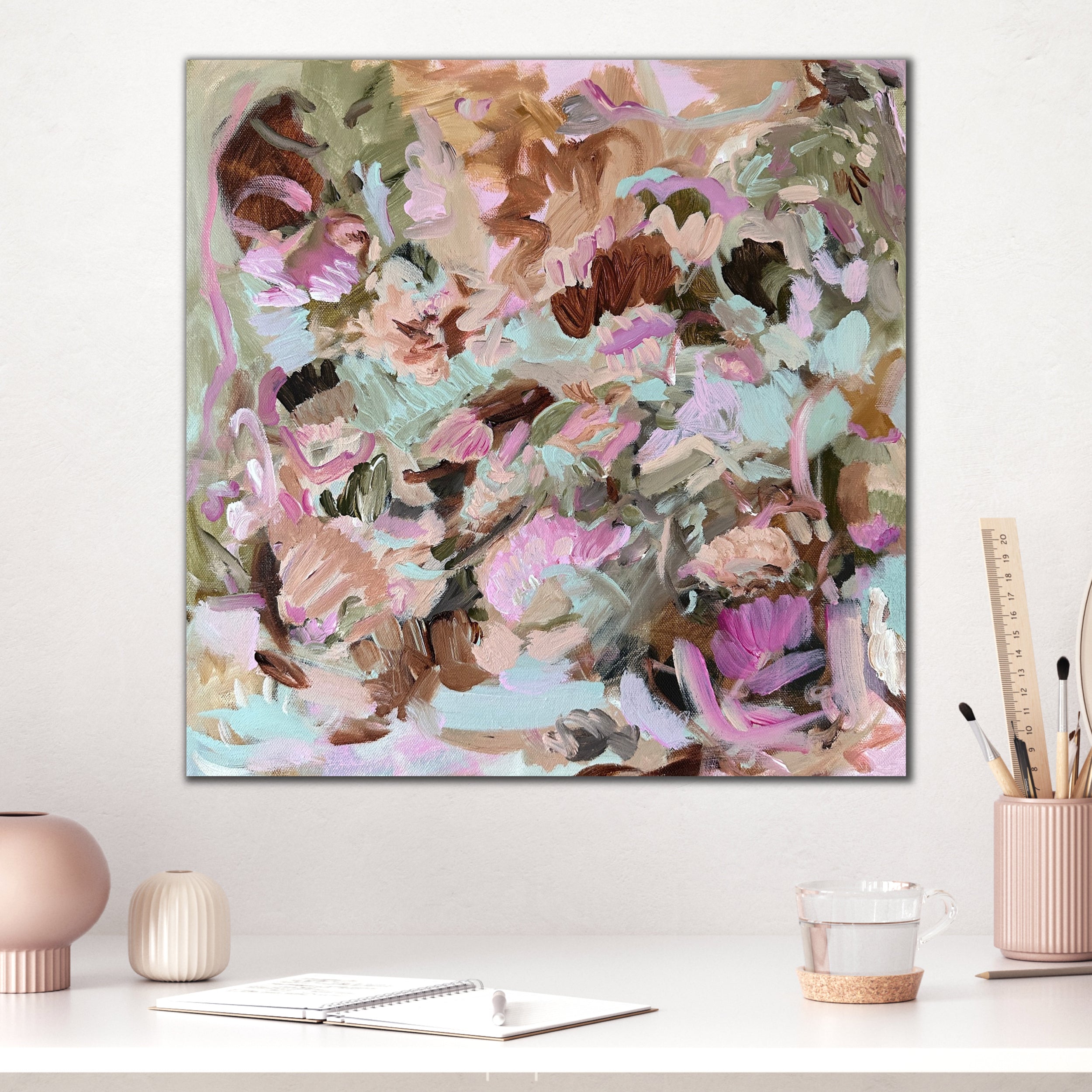 Abstract floral painting "Secret Garden" hanging in modern home office