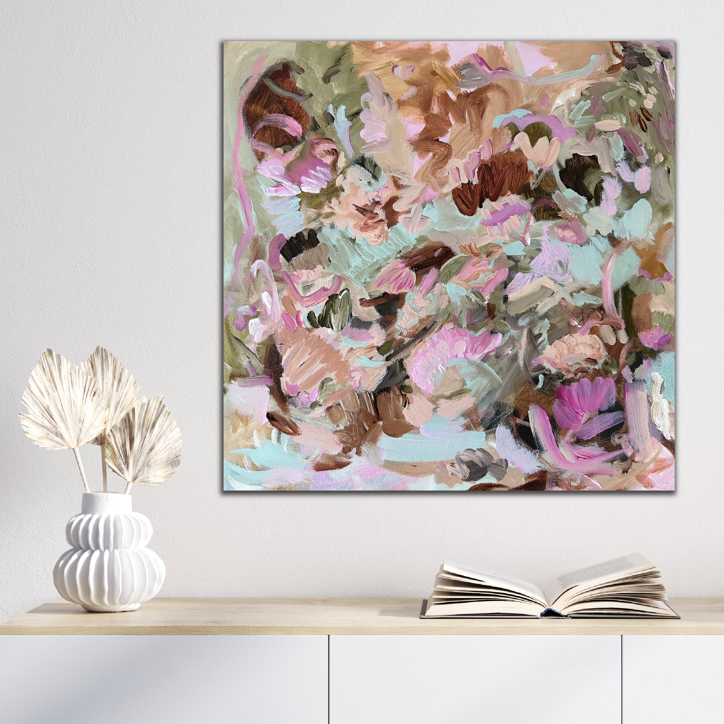 Botanical abstract painting "Secret Garden" in pastel and neutral shades hanging on wall in contemporary home
