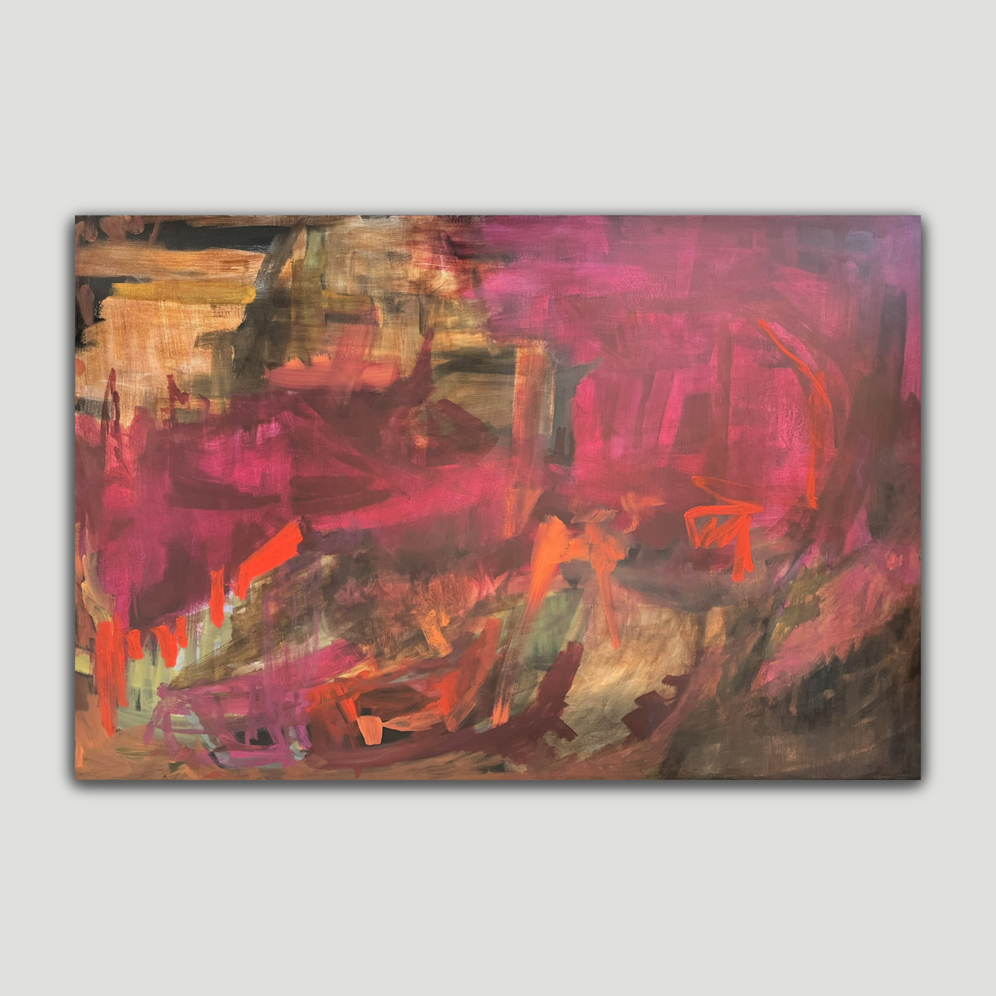 Contemporary abstract expressionist painting with a moody feel in tones of burgundy, maroon, amber, brown and olive green