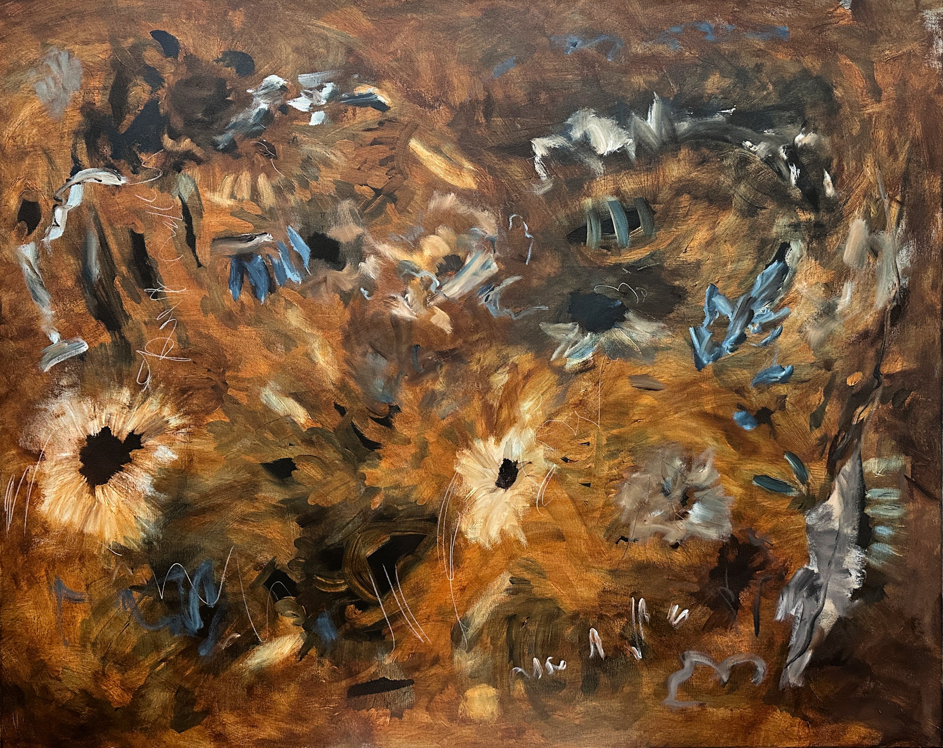 Expressive abstract painting in brown, blue and white with botanical elements