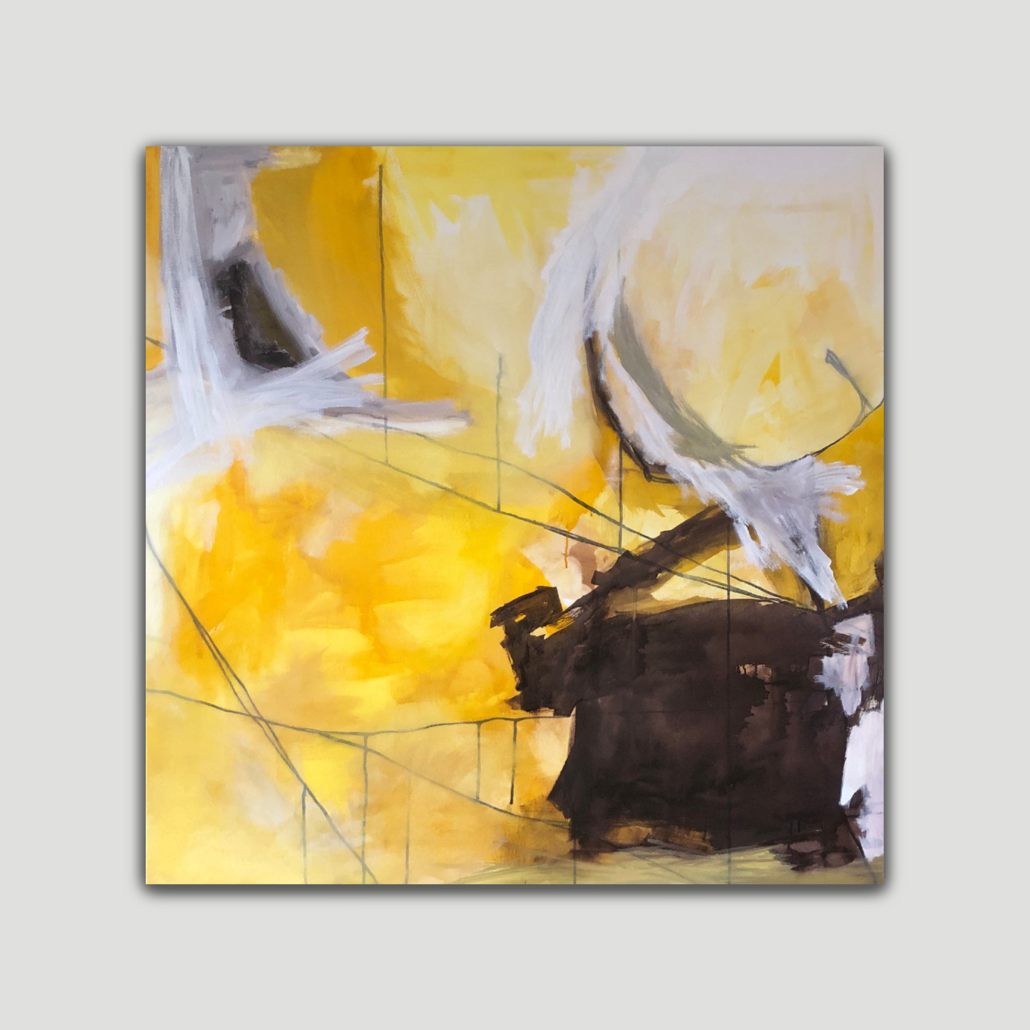Modern yellow abstract painting in a minimalist yet abstract expressionist style – front view