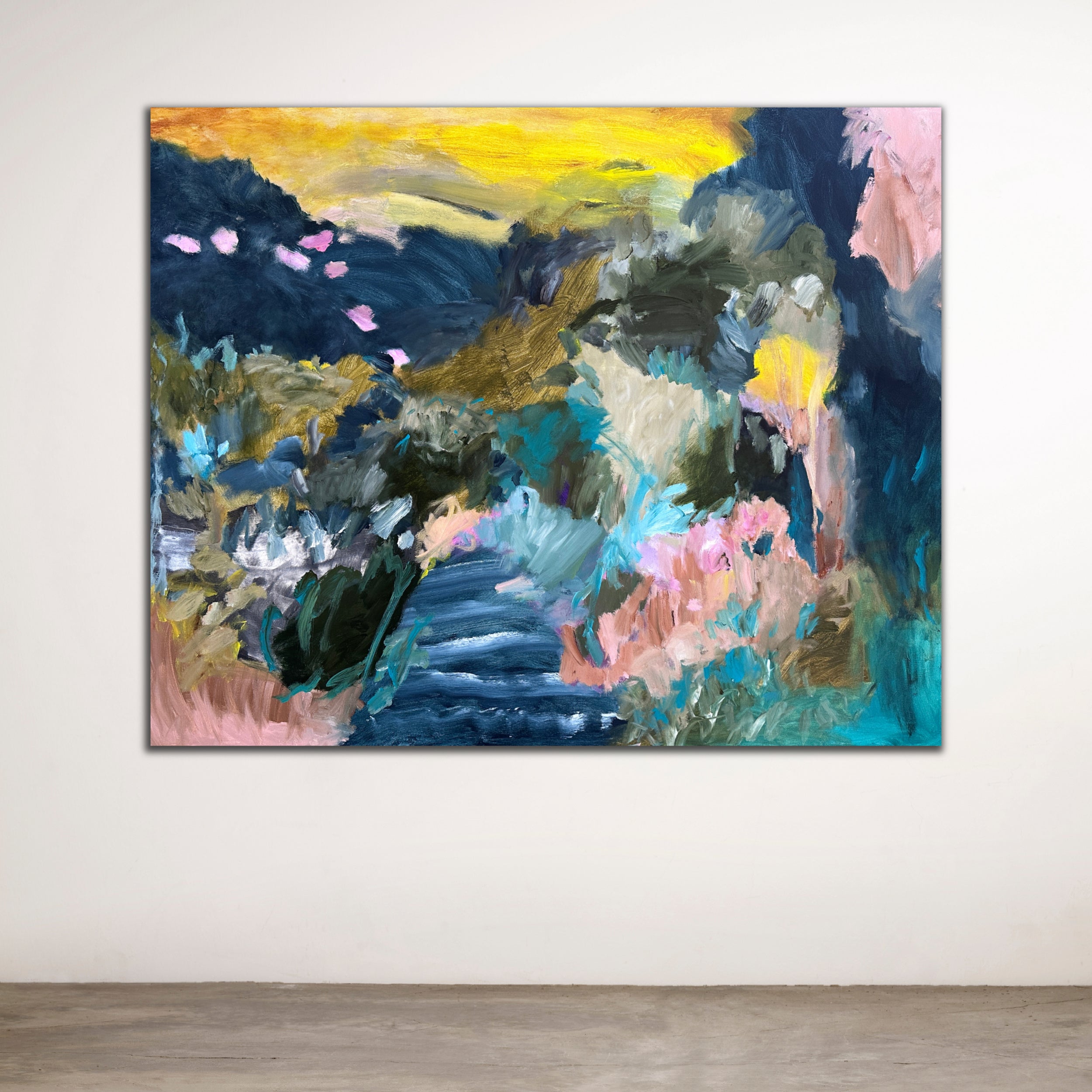 Large abstract painting of a landscape in expressive, contemporary style in a bright and pastel colours