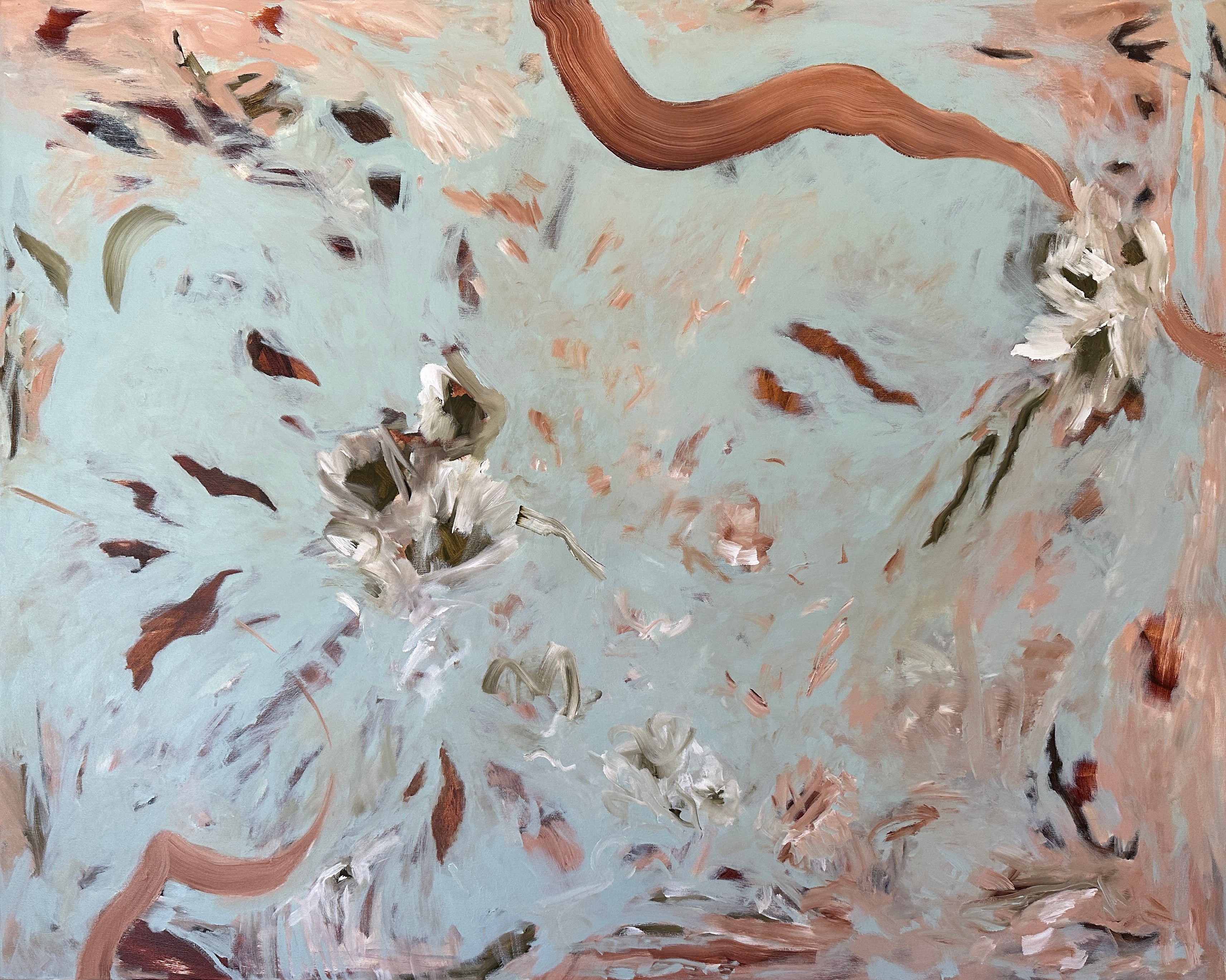 Large abstract floral painting in light blue with sweeping gestural brushstrokes and a calming feel - cropped front view