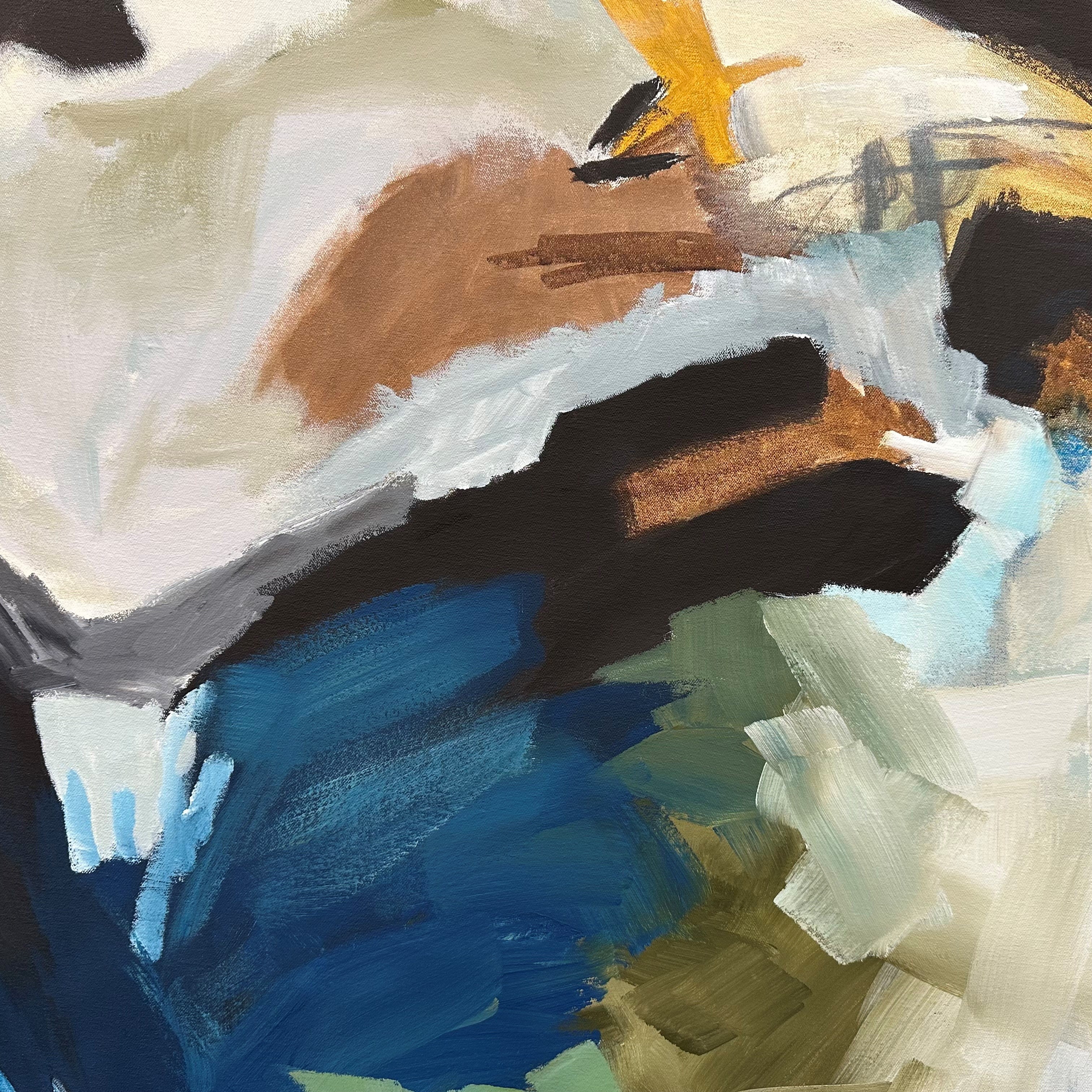 Close-up detail of expressive brushstrokes of abstract painting on canvas
