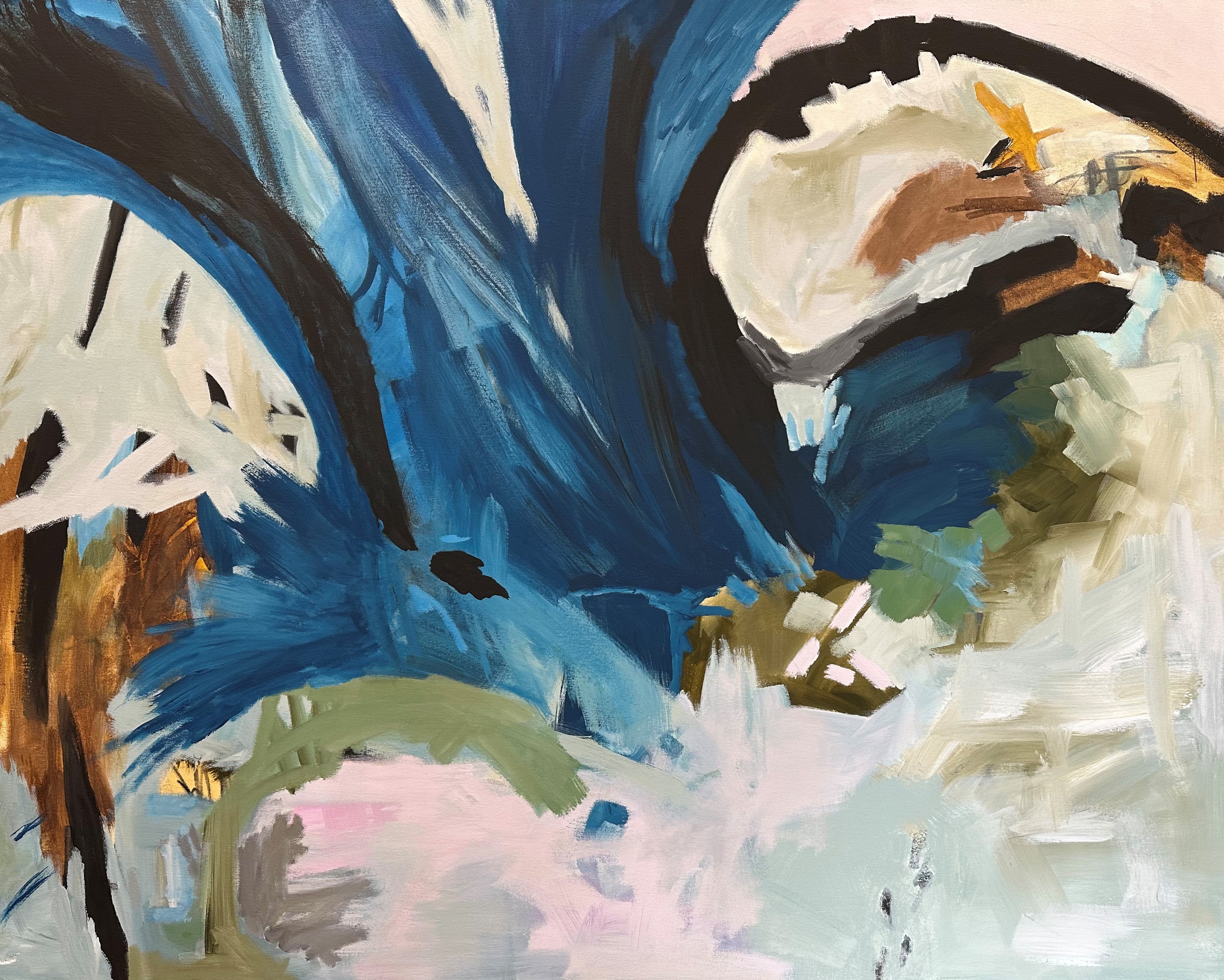 Large abstract speaking to motivation, nature and energy in blue and neutral shades - cropped front view