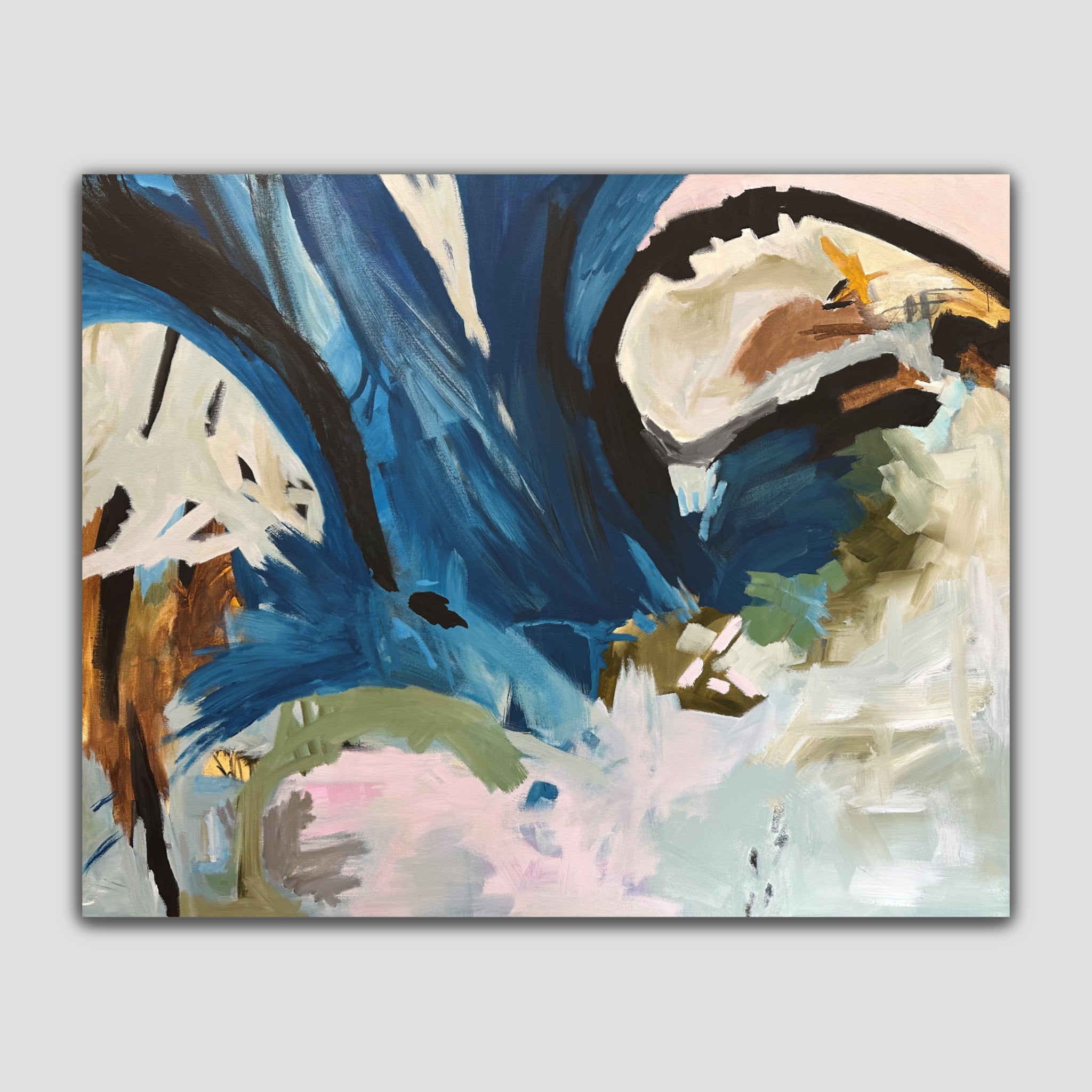 Large expressive, abstract painting "The Awakening" alluding to a blooming flower, in blue, black and neutral tones - front view
