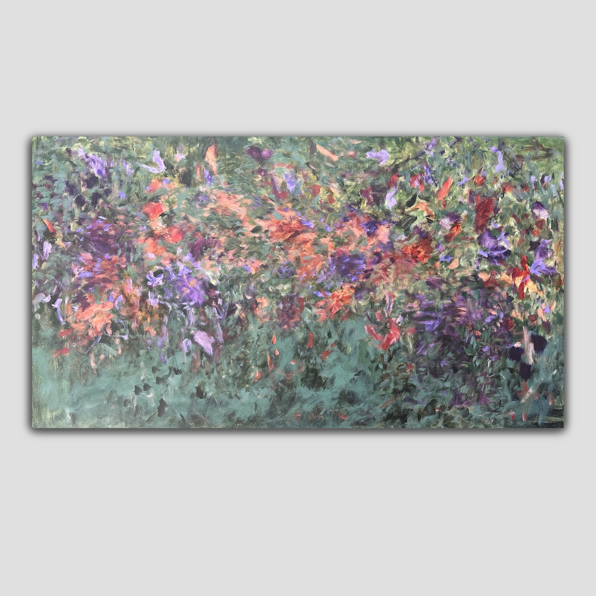 Expressive, abstract impressionist painting alluding to nature, gardens or trees in green, purple, brown and rust red.