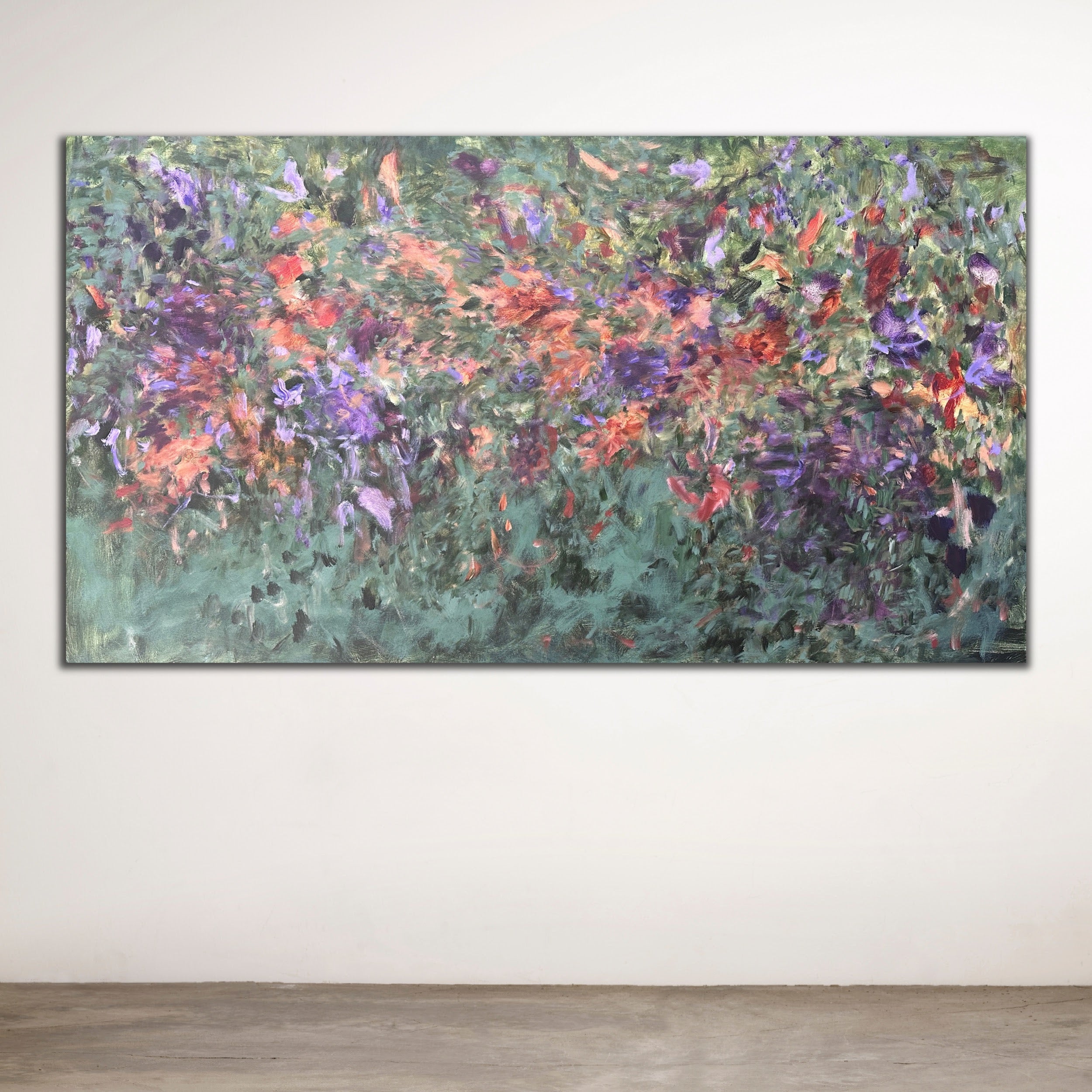 Abstract expressionist painting hanging on wall in contemporary space