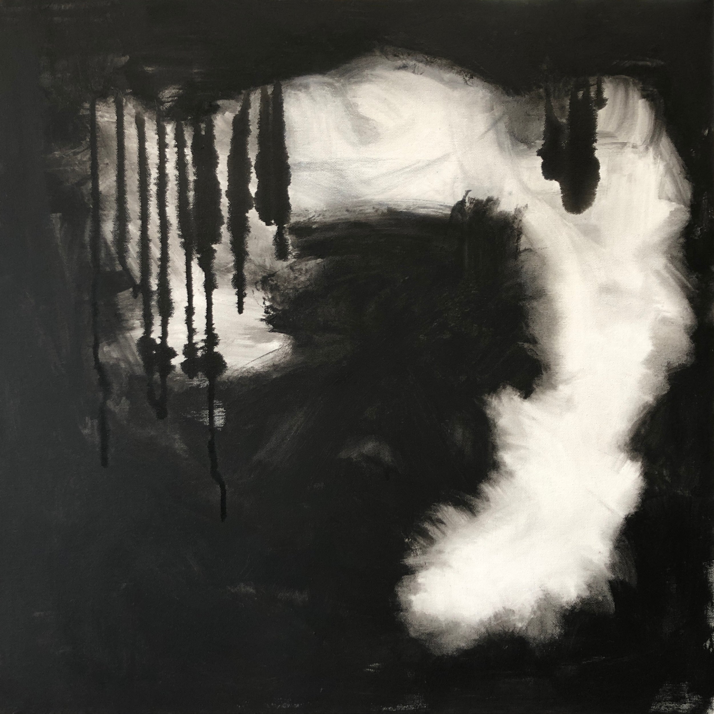 Black and white abstract painting with smoke effect - cropped front view