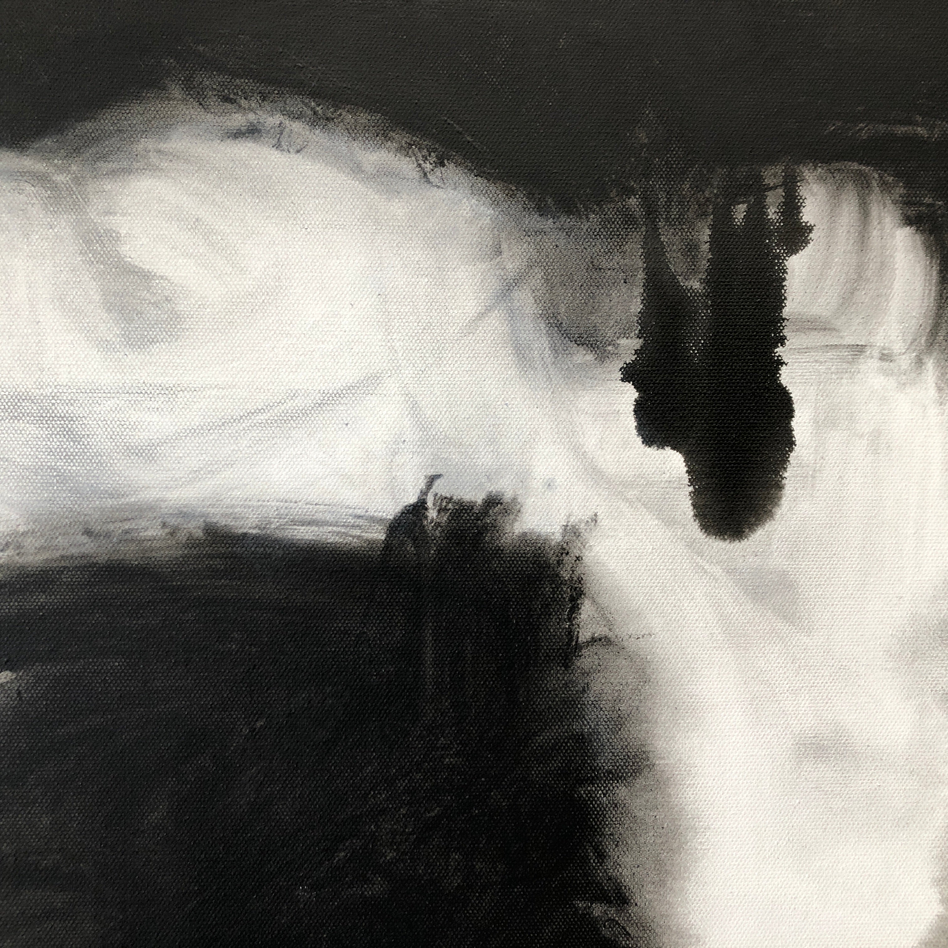 Close-up detail of contemporary black and white abstract painting showing smoke effect