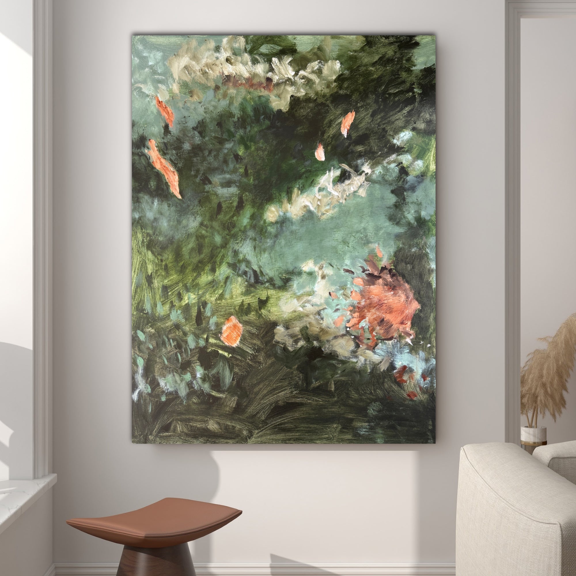 Abstract painting with soothing feel on a wall in a modern interior setting