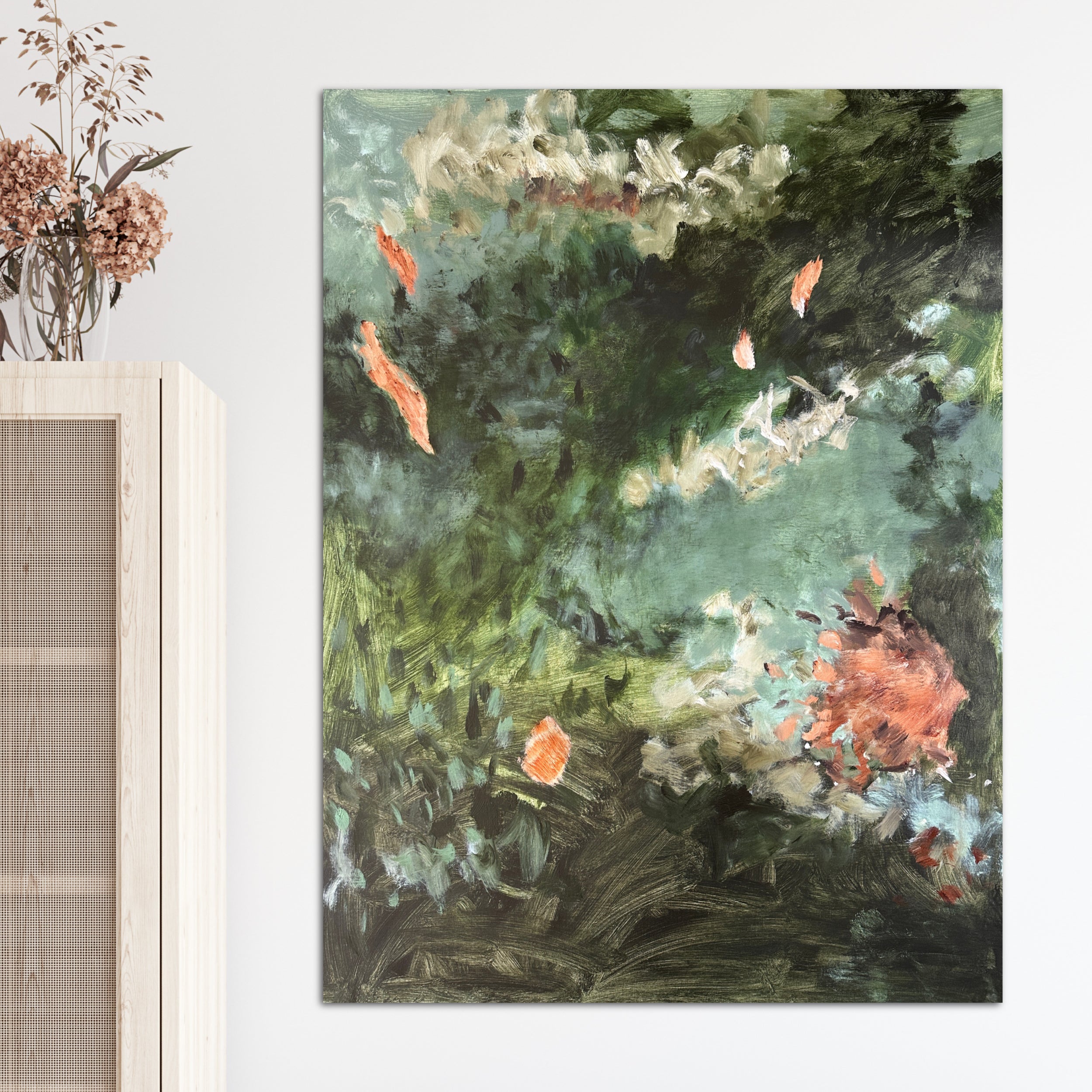 Abstract painting with elegant style and floral elements on wall in room with natural furnishings