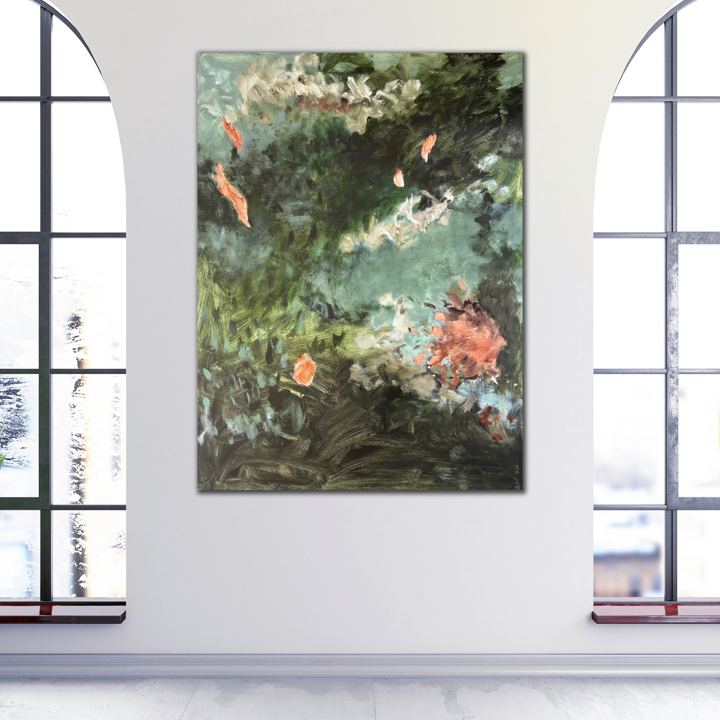 Nature inspired abstract painting hanging on wall