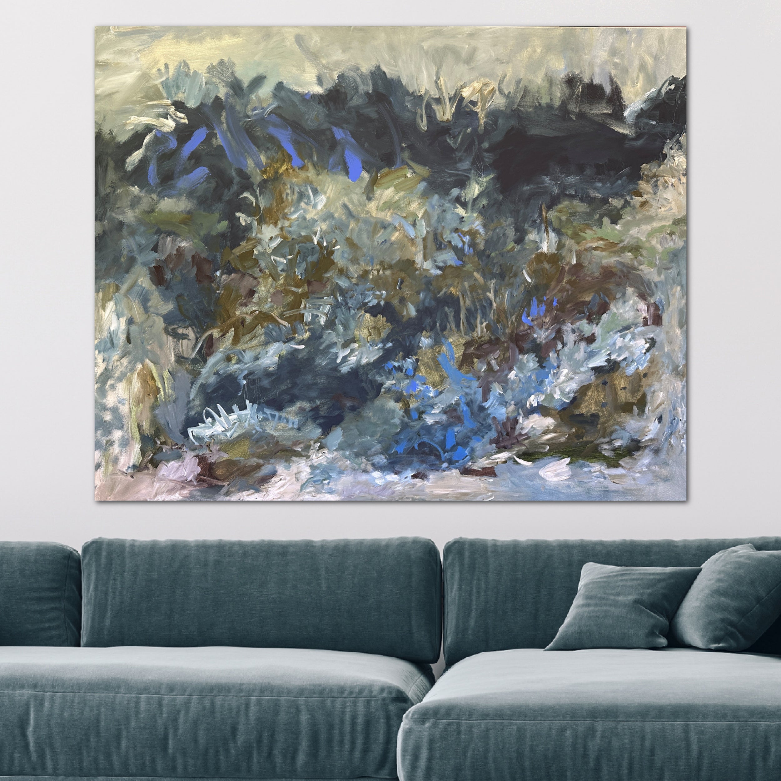 Large abstract expressionist painting hanging on wall in modern living room
