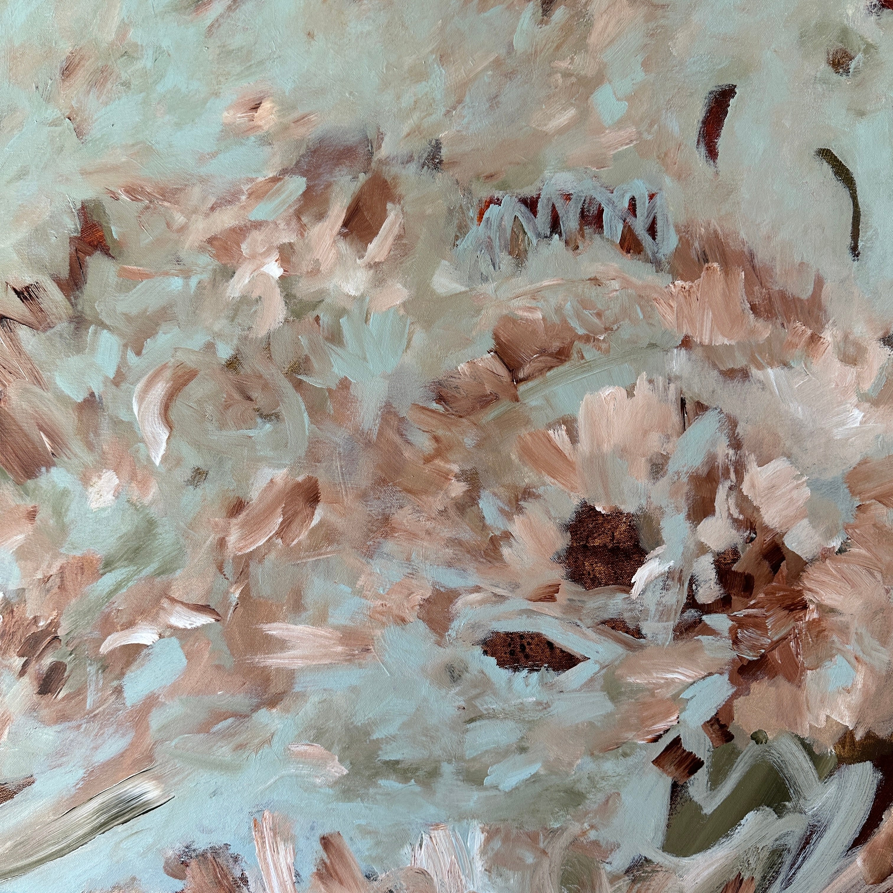 Close-up detail of expressive abstract painting with gestural brushstrokes and flowing, floral forms