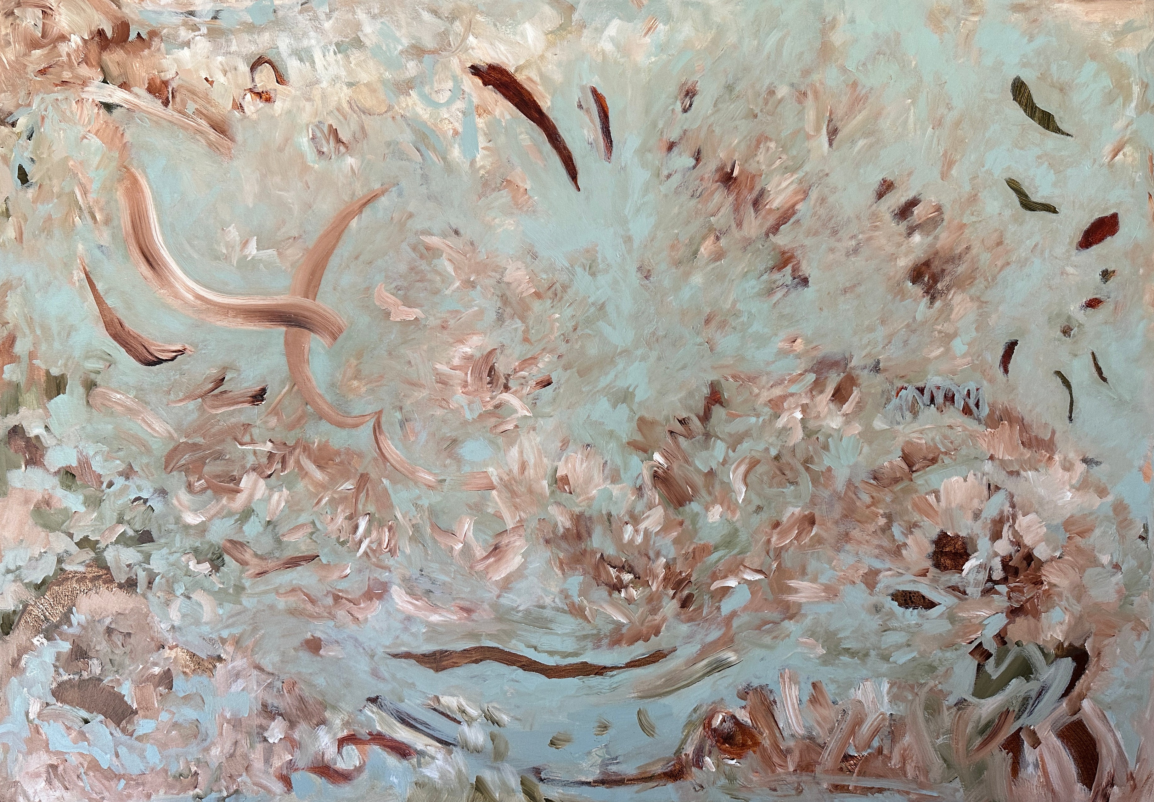 Abstract expressionist painting "The Poets Garden" in light blue, brown, beige, olive green and white - cropped front view