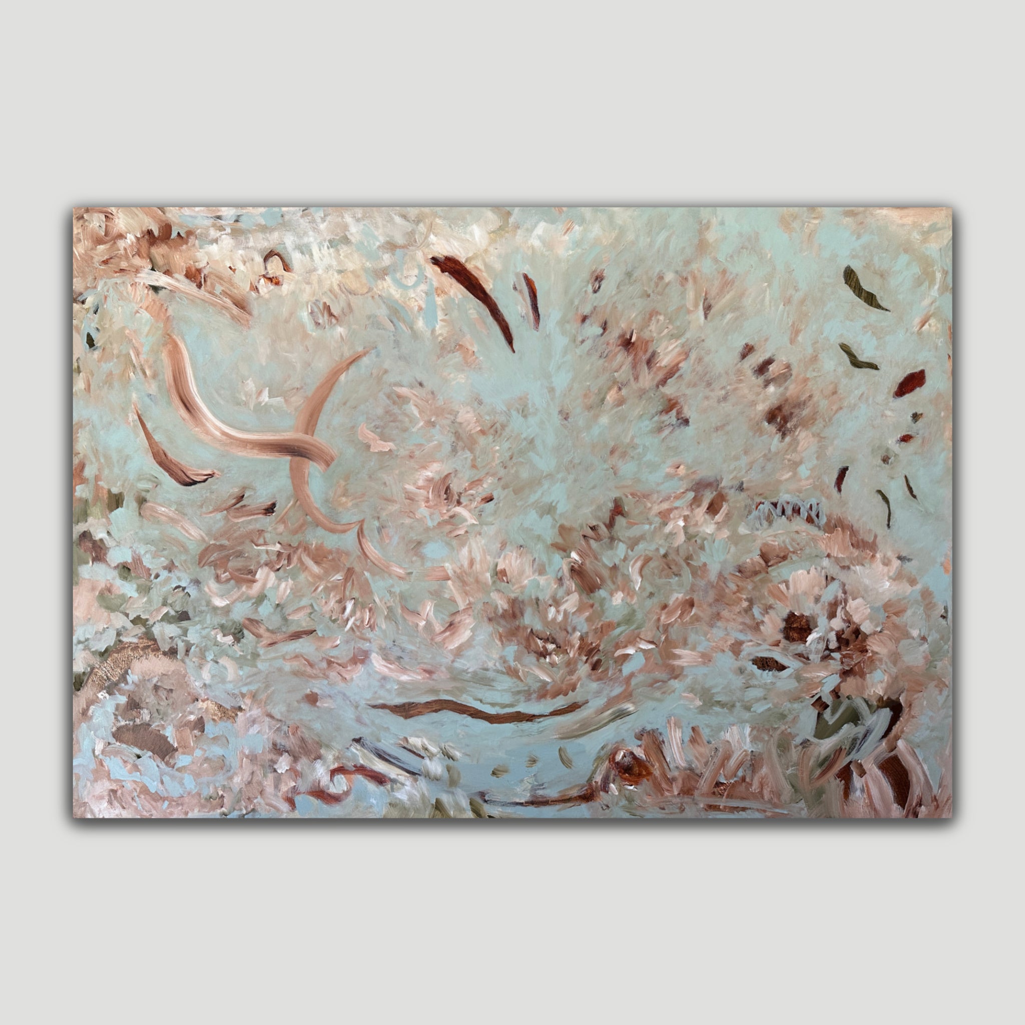 Expressive, large abstract painting in soft blue, brown and white - front view