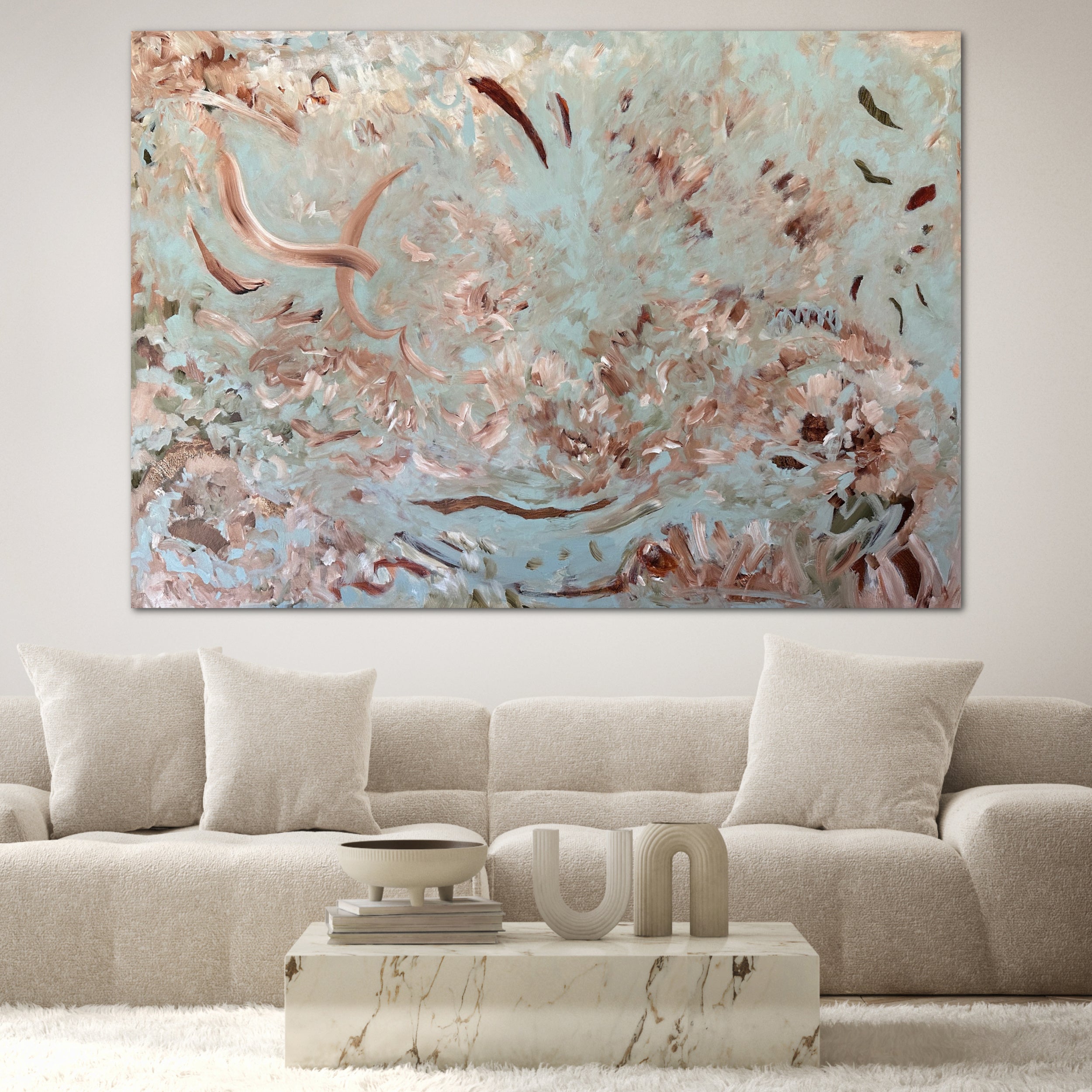 Large blue abstract painting "The Poets Garden" hanging above sofa in modern minimalist living room