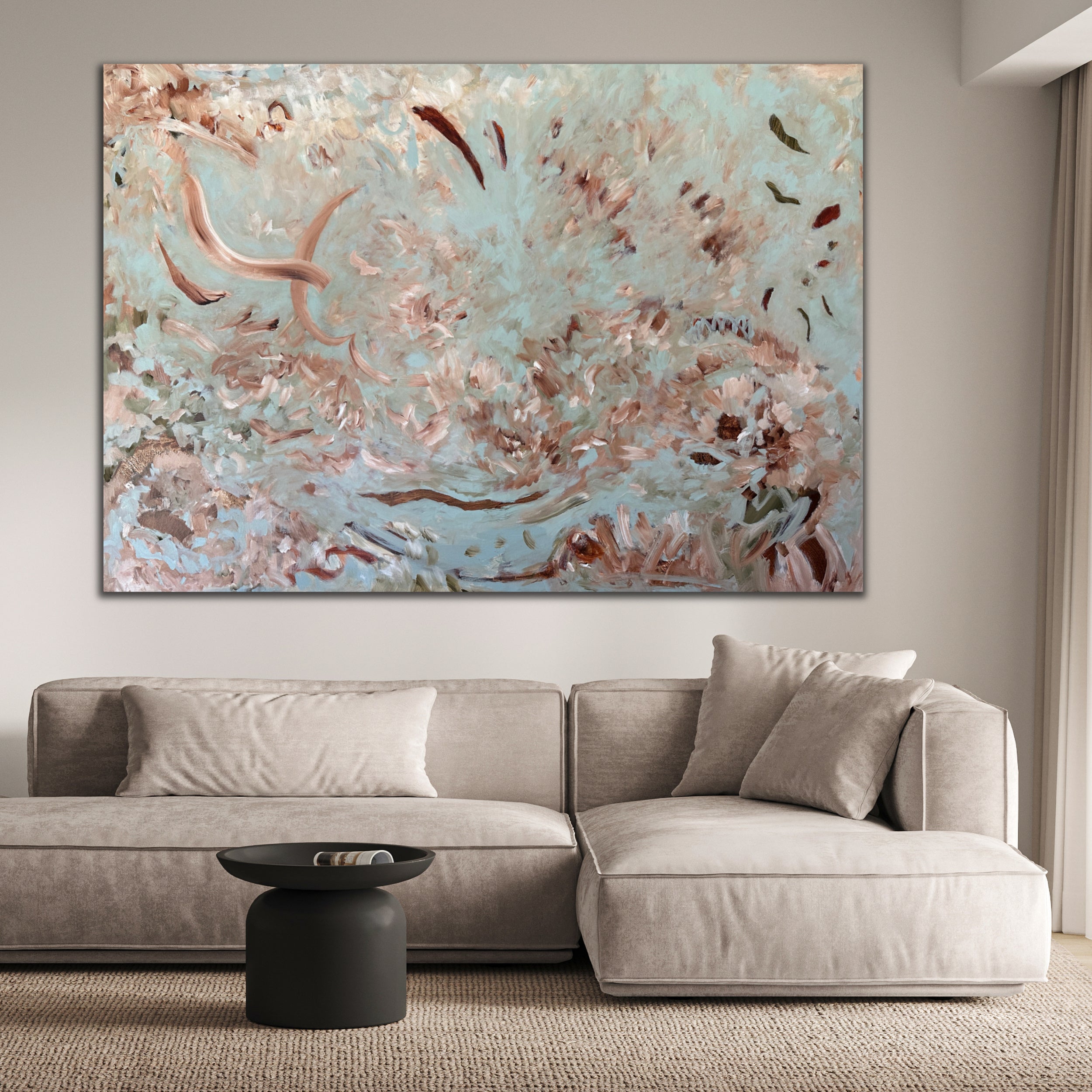 Contemporary abstract painting inspired by the energy of poetry and a garden hanging on wall above lounge in modern living room