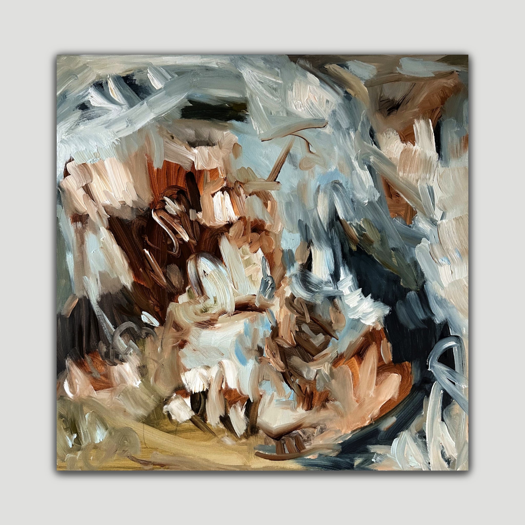 Abstract painting with a mix of colours in brown, white and various shades of blue
