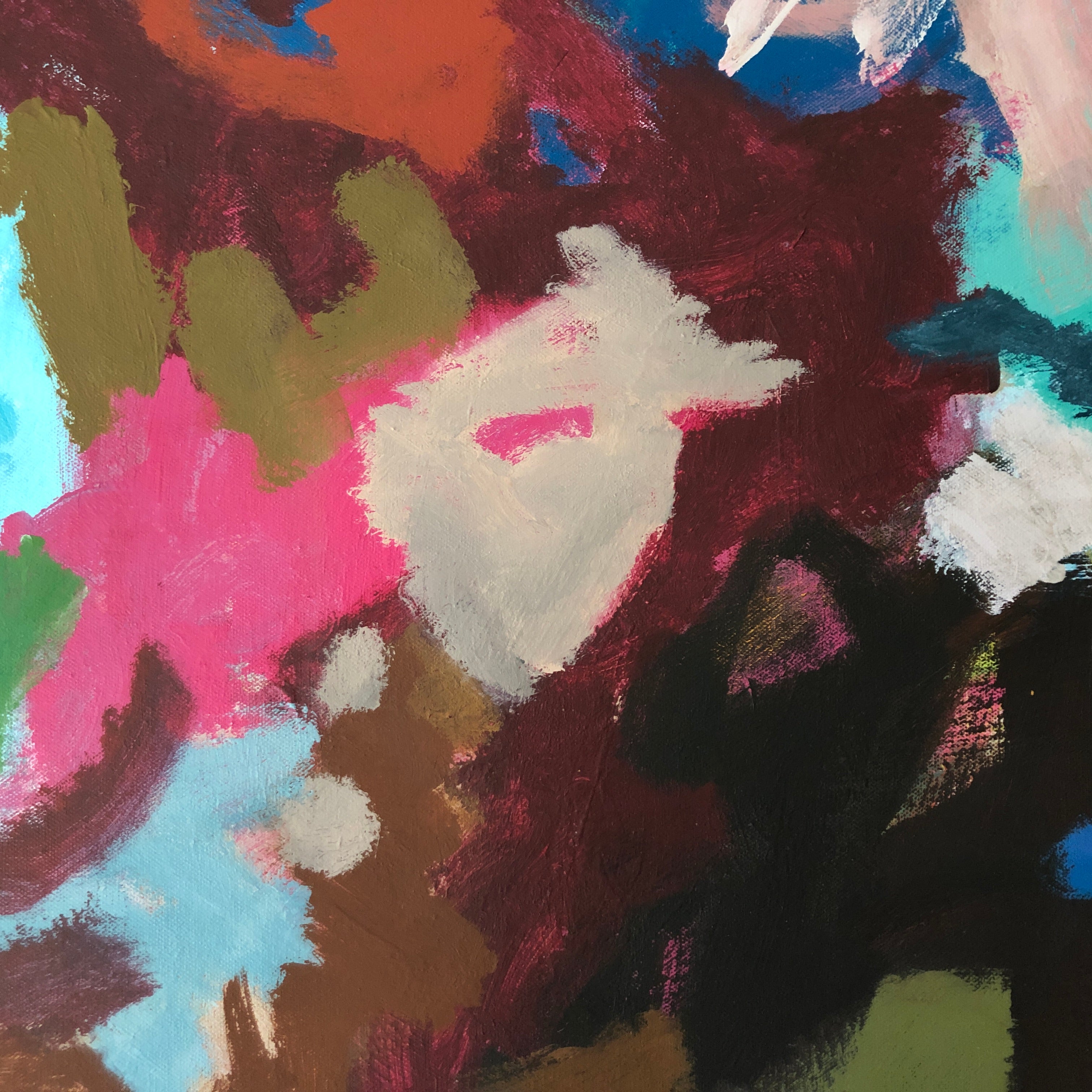 Close-up detail of colourful abstract painting with expressive, gestural brushstrokes on canvas