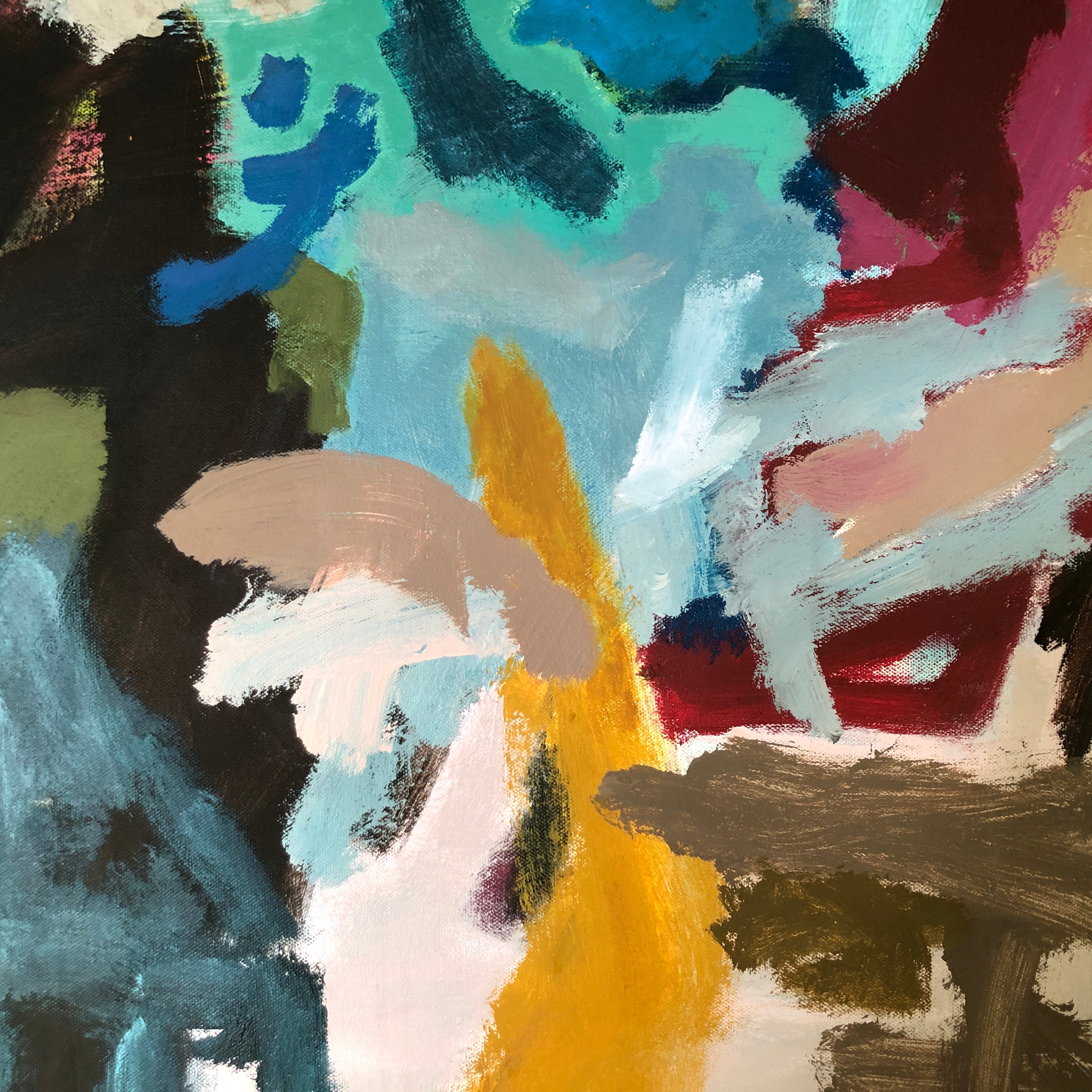 Close-up detail of abstract painting on canvas in painterly, abstract expressionist style and bold colour palette