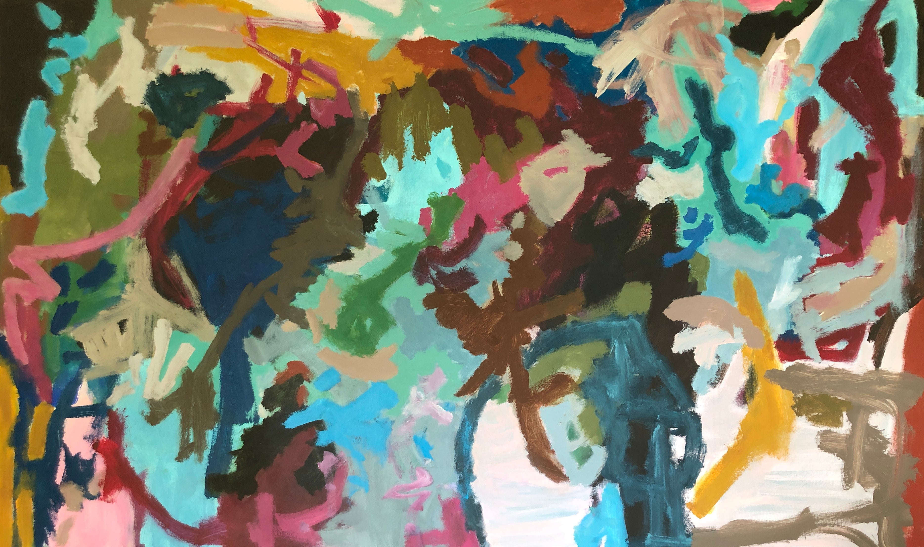 Colourful, eclectic abstract expressionist painting with organic, energetic mark making similar to that of Joan Mitchell - cropped front view