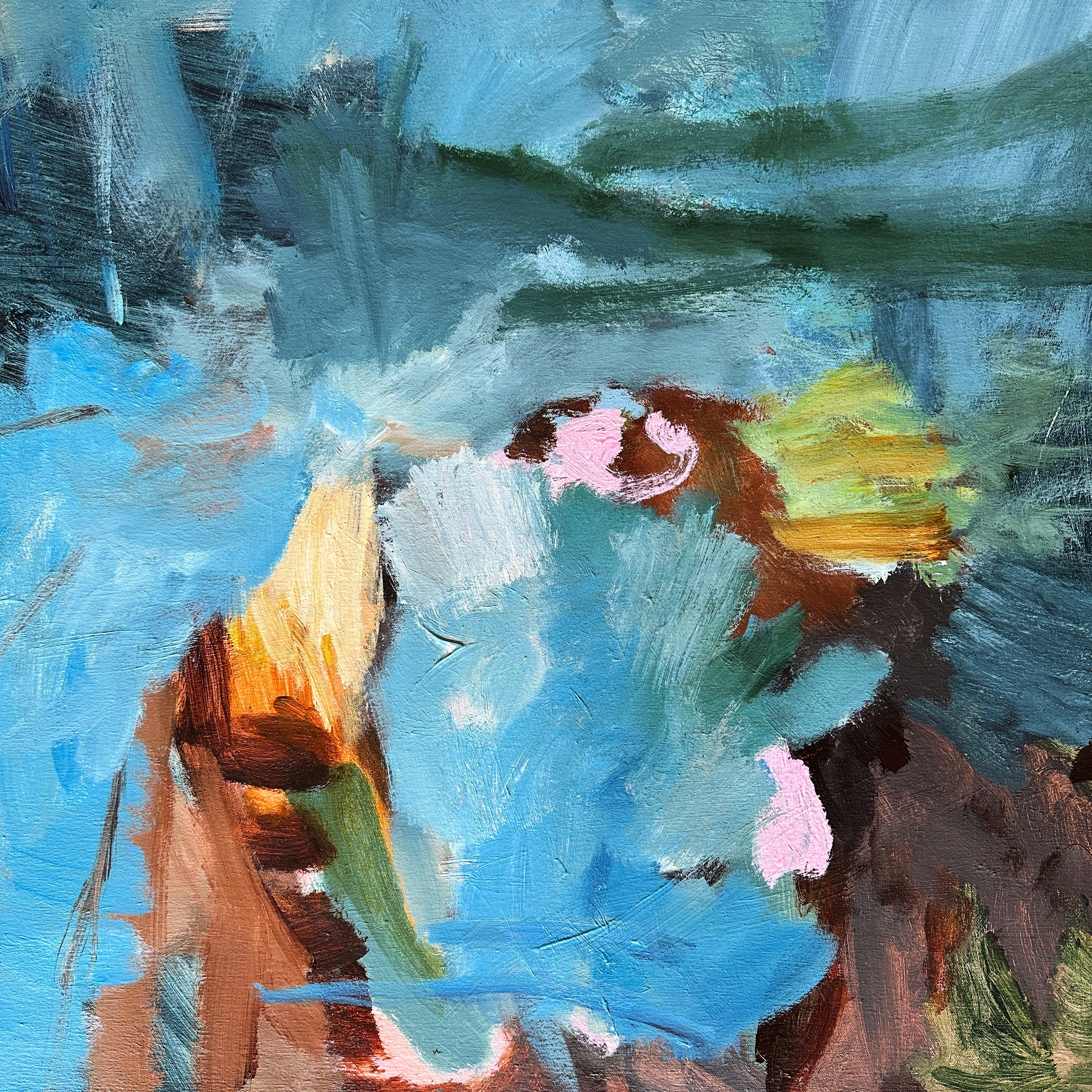Close-up detail of abstract painting with gestural brushstrokes, in blue, yellow, green and brown