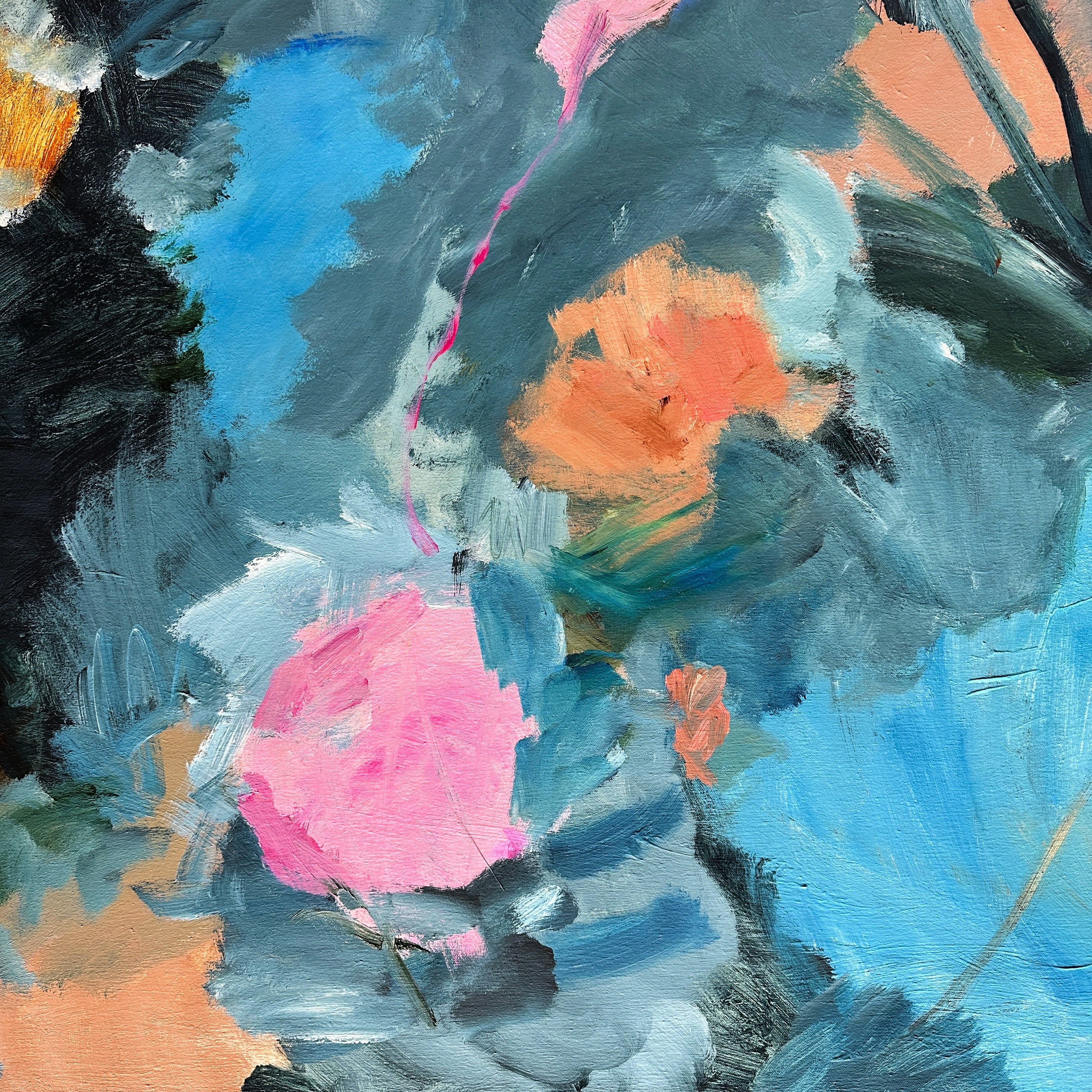 Close-up detail of blue abstract painting with expressive floral forms on canvas