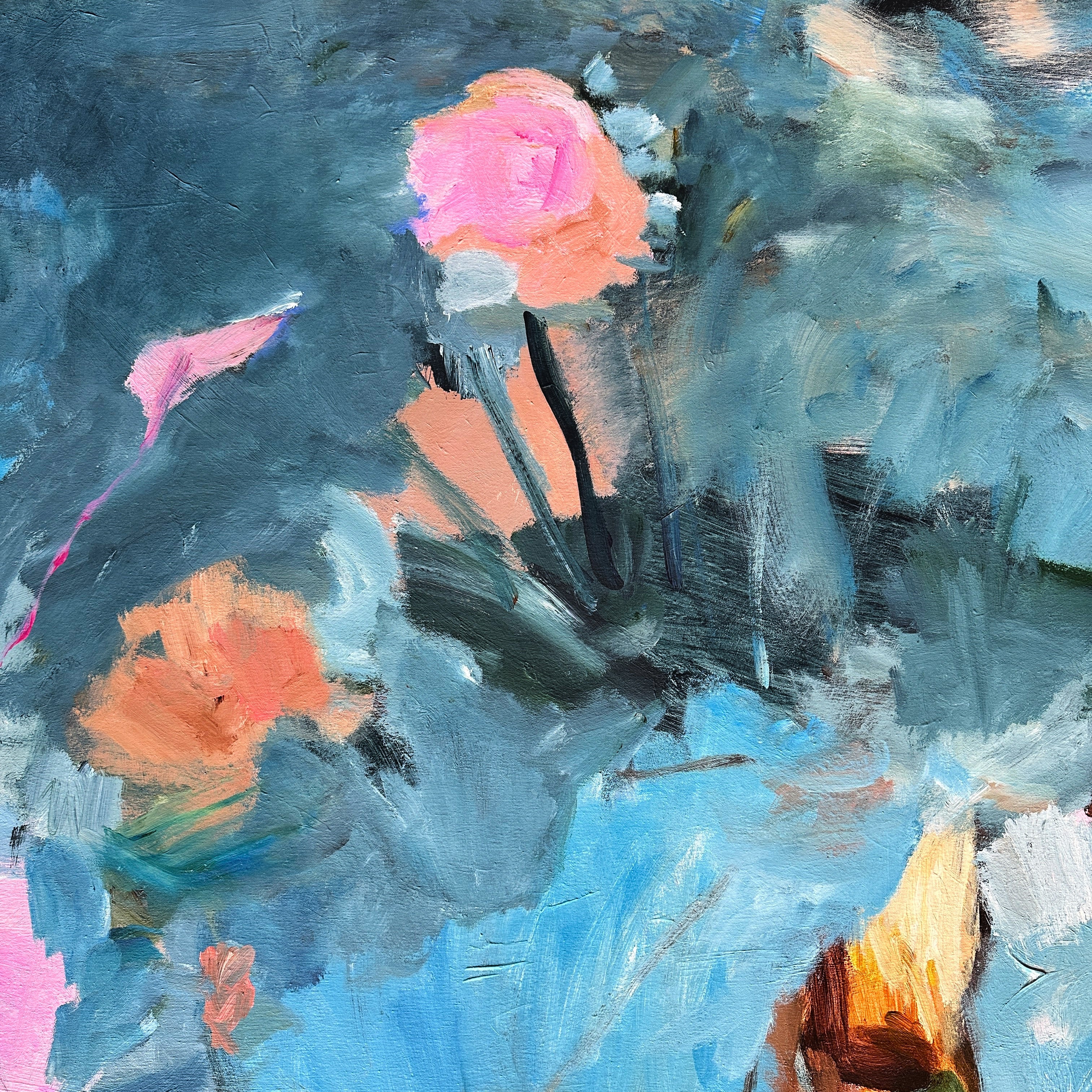 Close-up detail of abstract artwork with floral forms and gestural brushstrokes in blue, yellow, green and brown