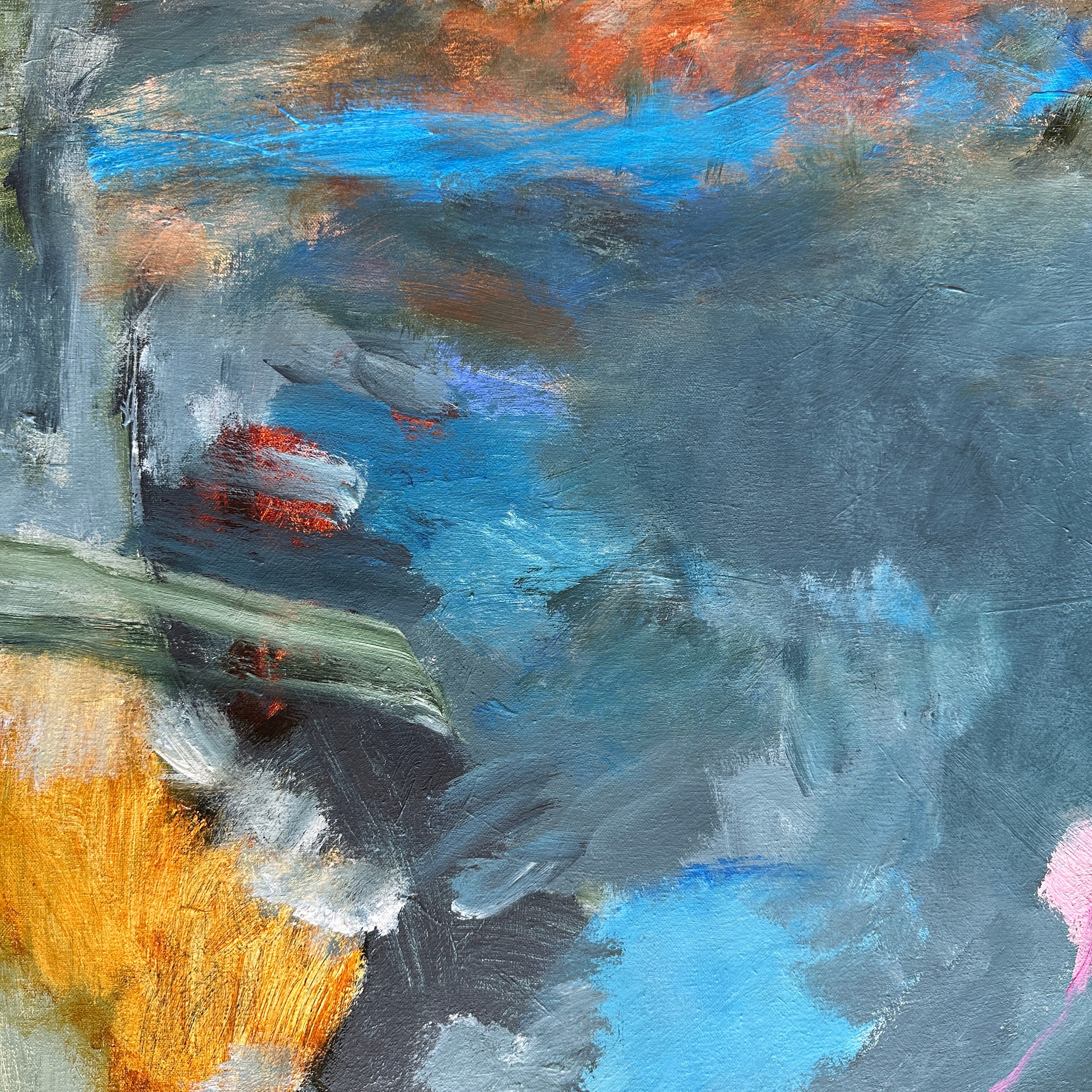 Close-up detail of contemporary abstract expressionist painting with expressive mark-making and brush work