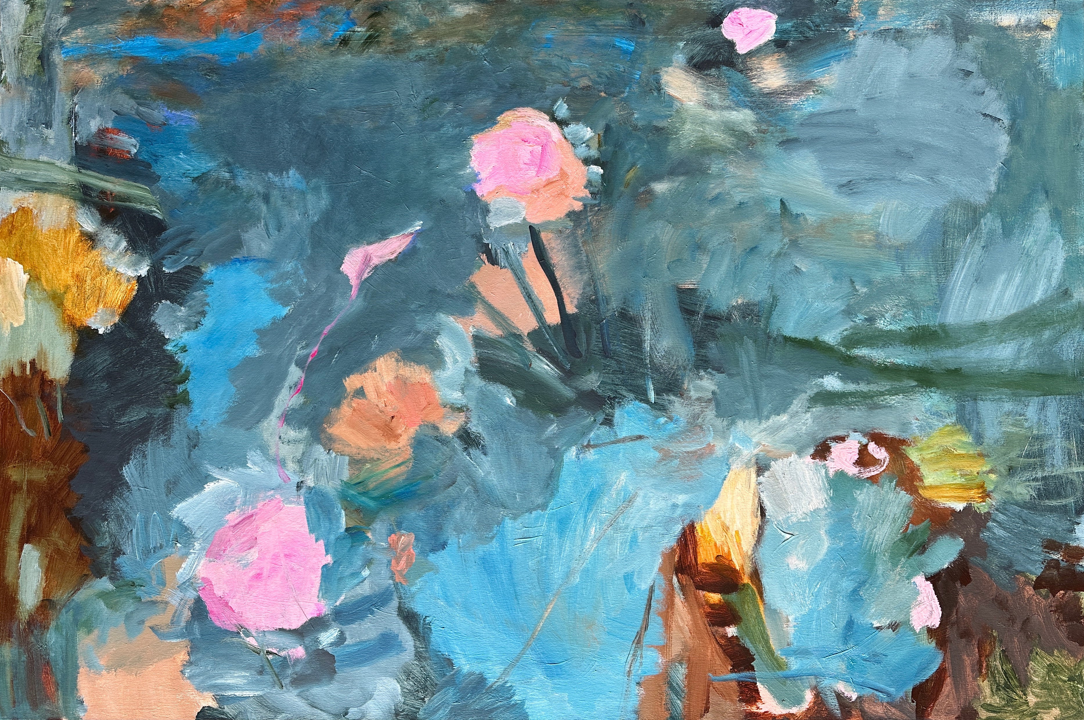 Abstract landscape painting of field of flowers with gestural brushstrokes and mark-making – cropped front view