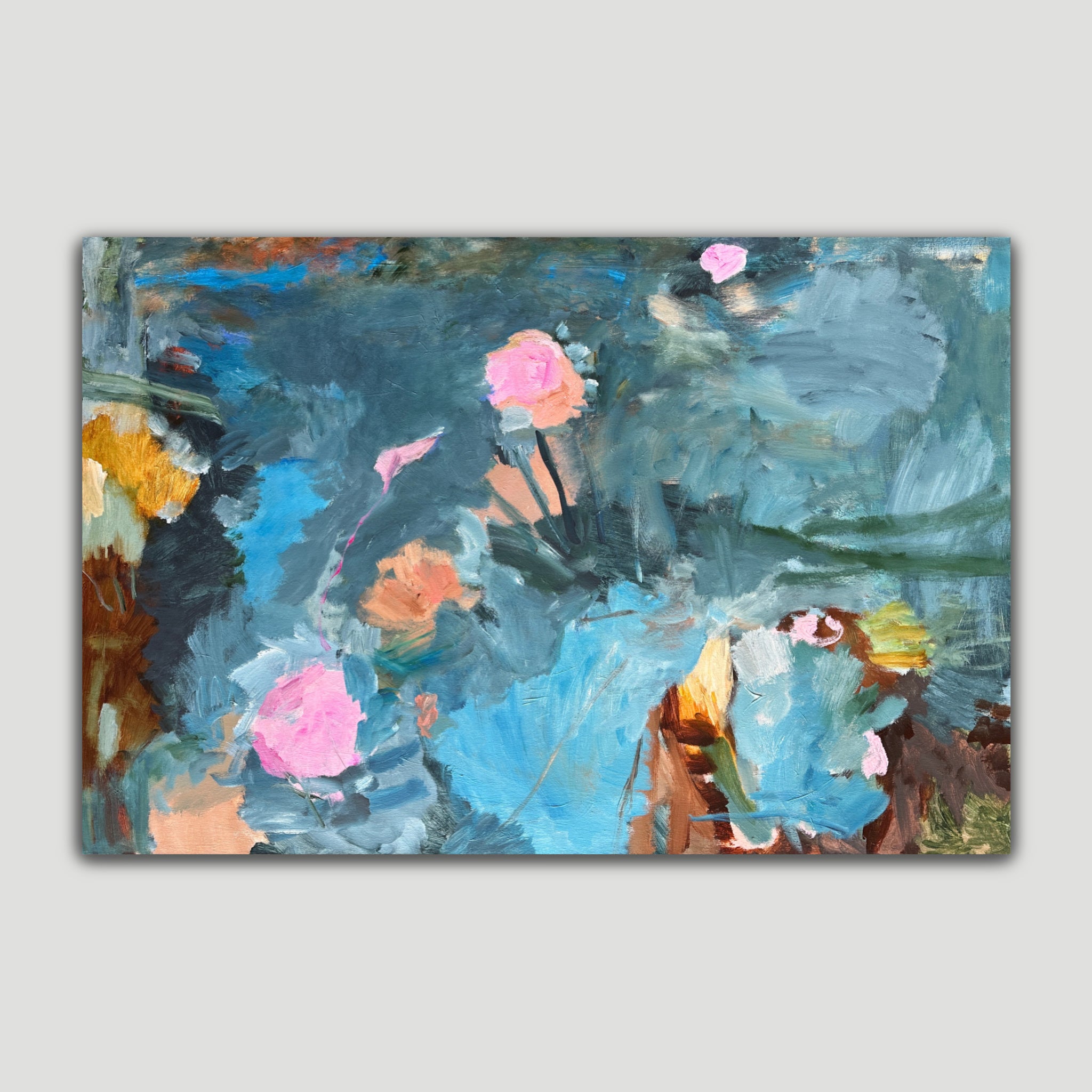 Contemporary blue abstract painting “The Wildlings” inspired by nature and wildflowers, with expressive brushstrokes in varying shades of blue - front view