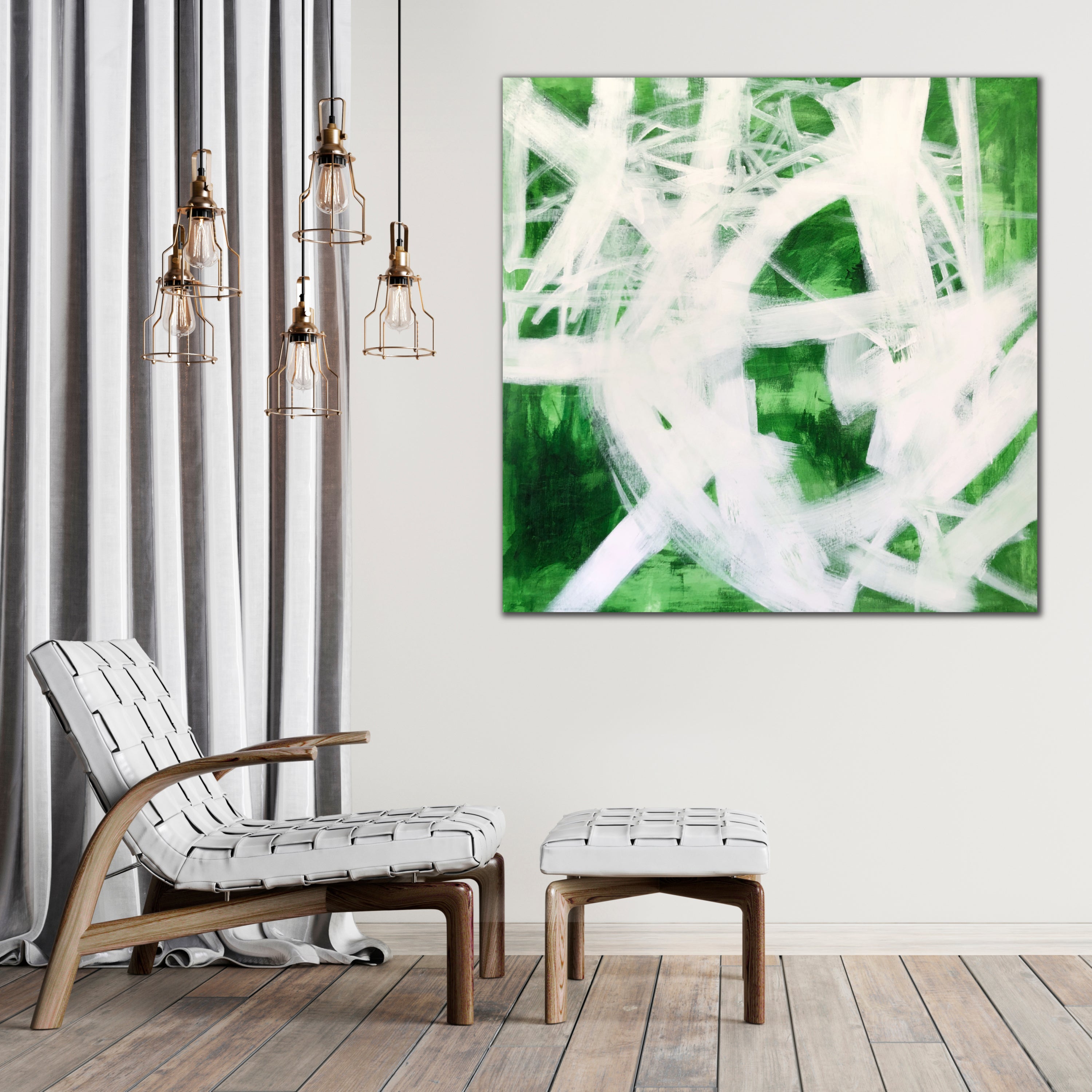 Square abstract painting "There Lies The Courage" in green and white displayed on wall of modern home interior