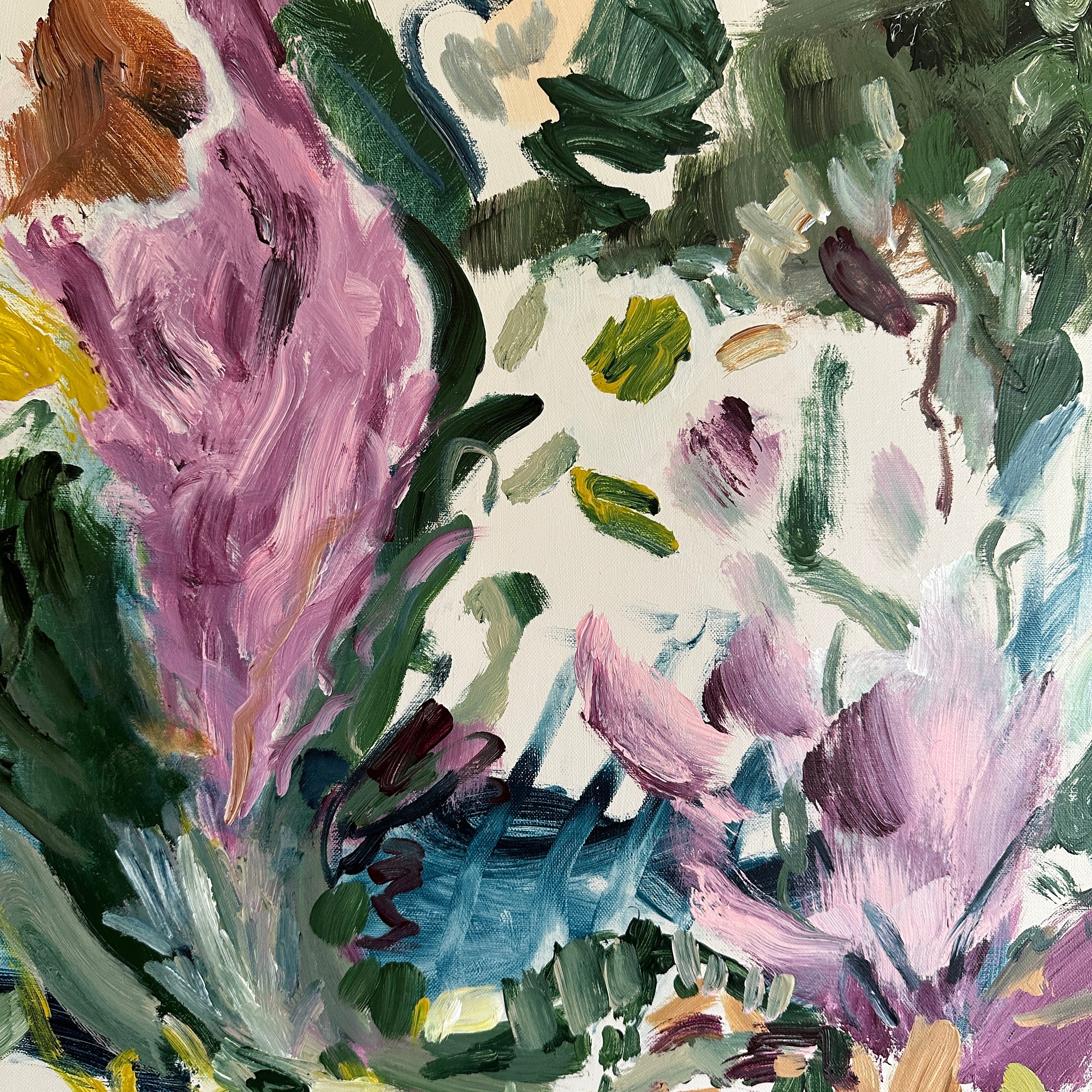 Close-up detail of expressive, floral inspired artwork in beige, green. blue and purple shades