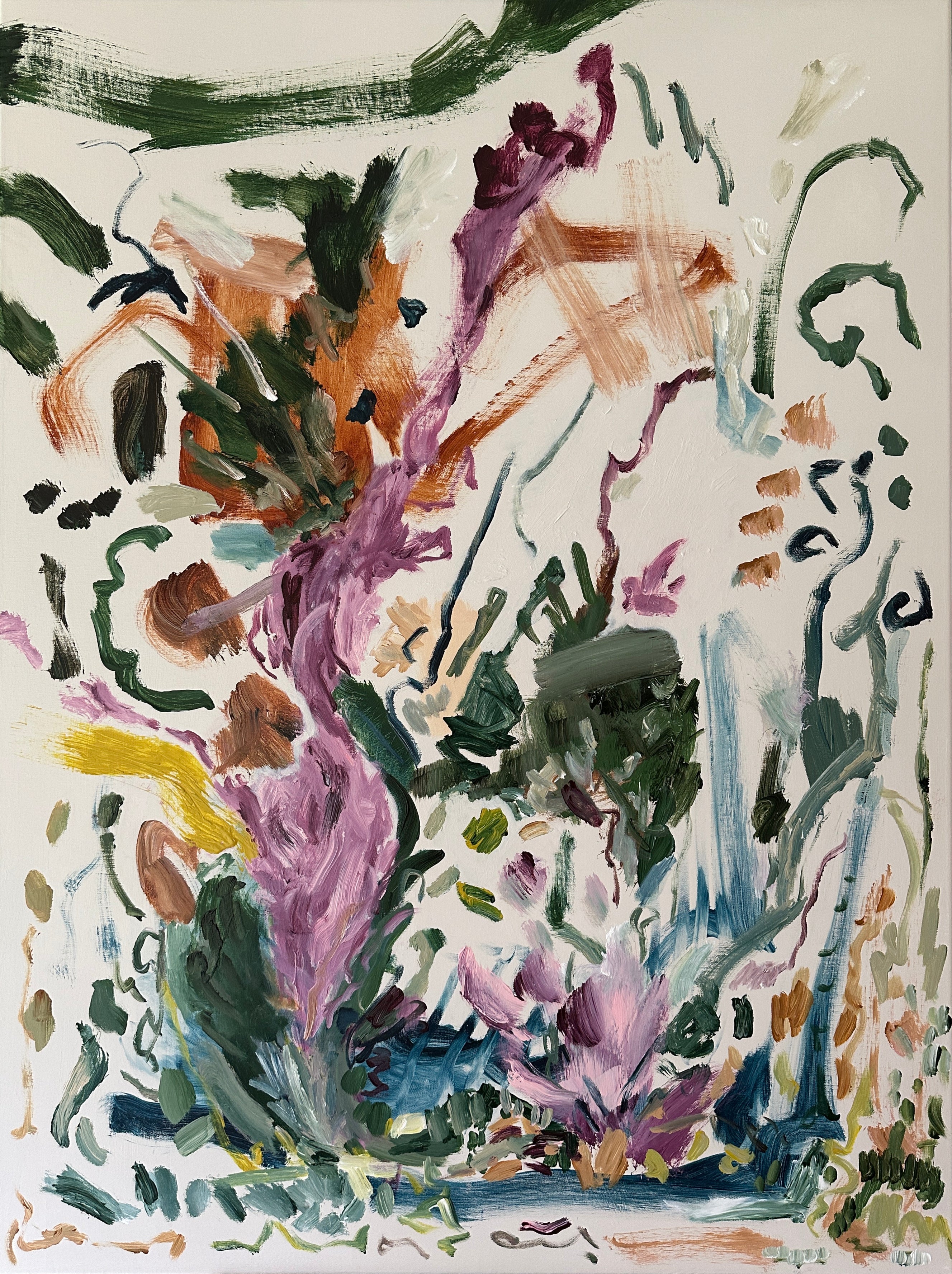 Playful abstract landscape painting alluding to wild flowers in beige, dark green, blue, purple, brown and yellow - cropped front view
