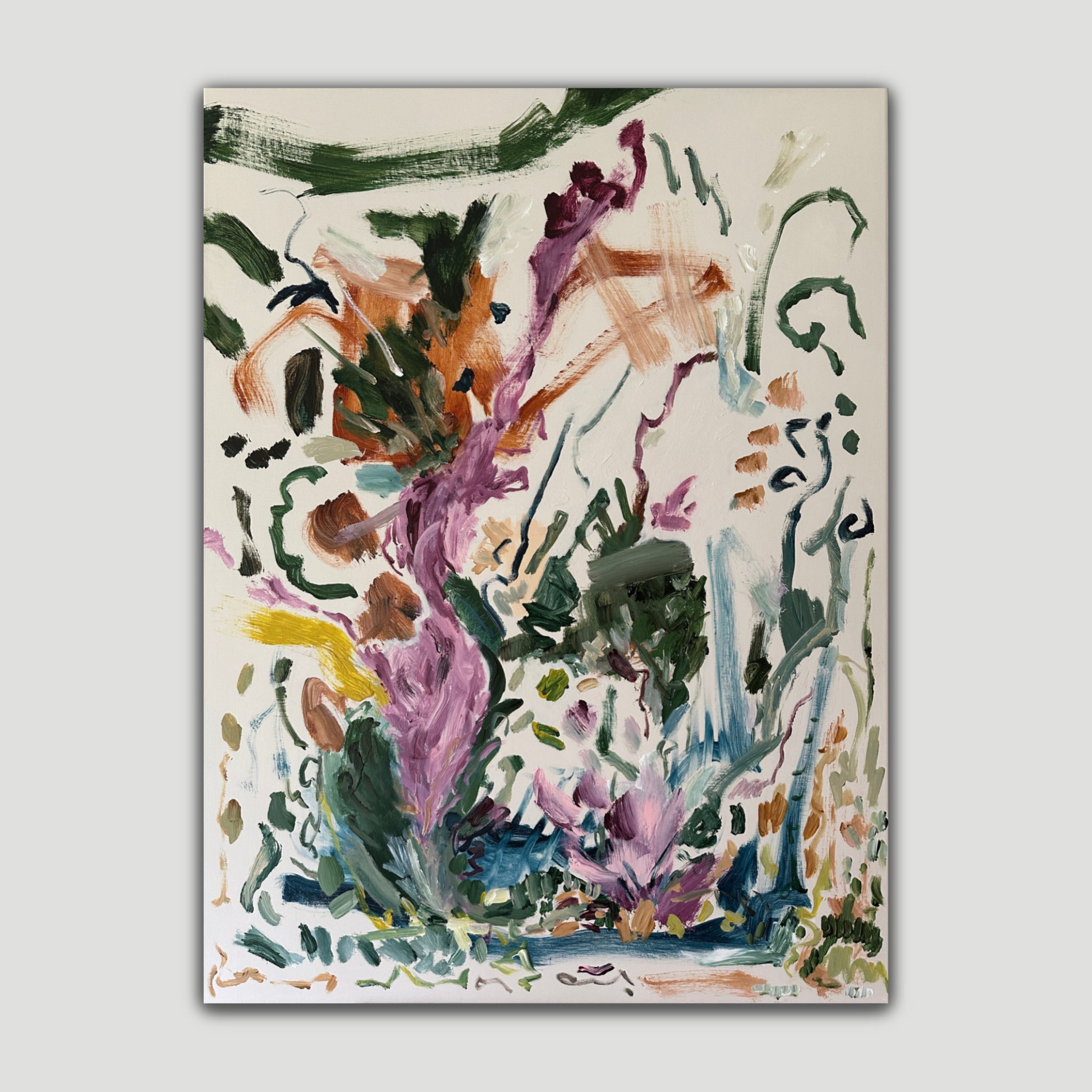 Quirky, abstract expressionist painting "Tomfoolery" alluding to a garden of flowers - front view