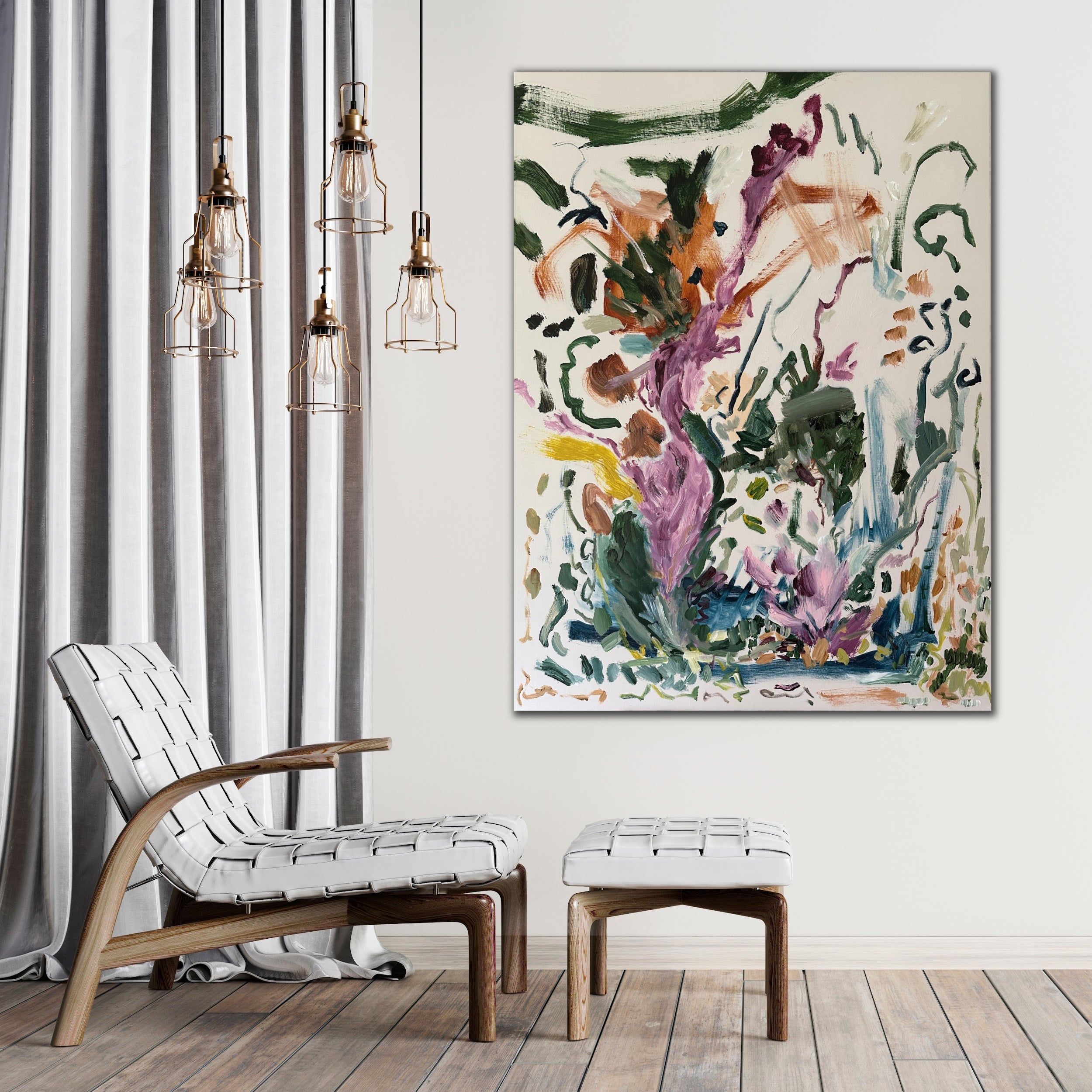 Playful abstract painting alluding to a garden of wild flowers hanging on wall in contemporary home