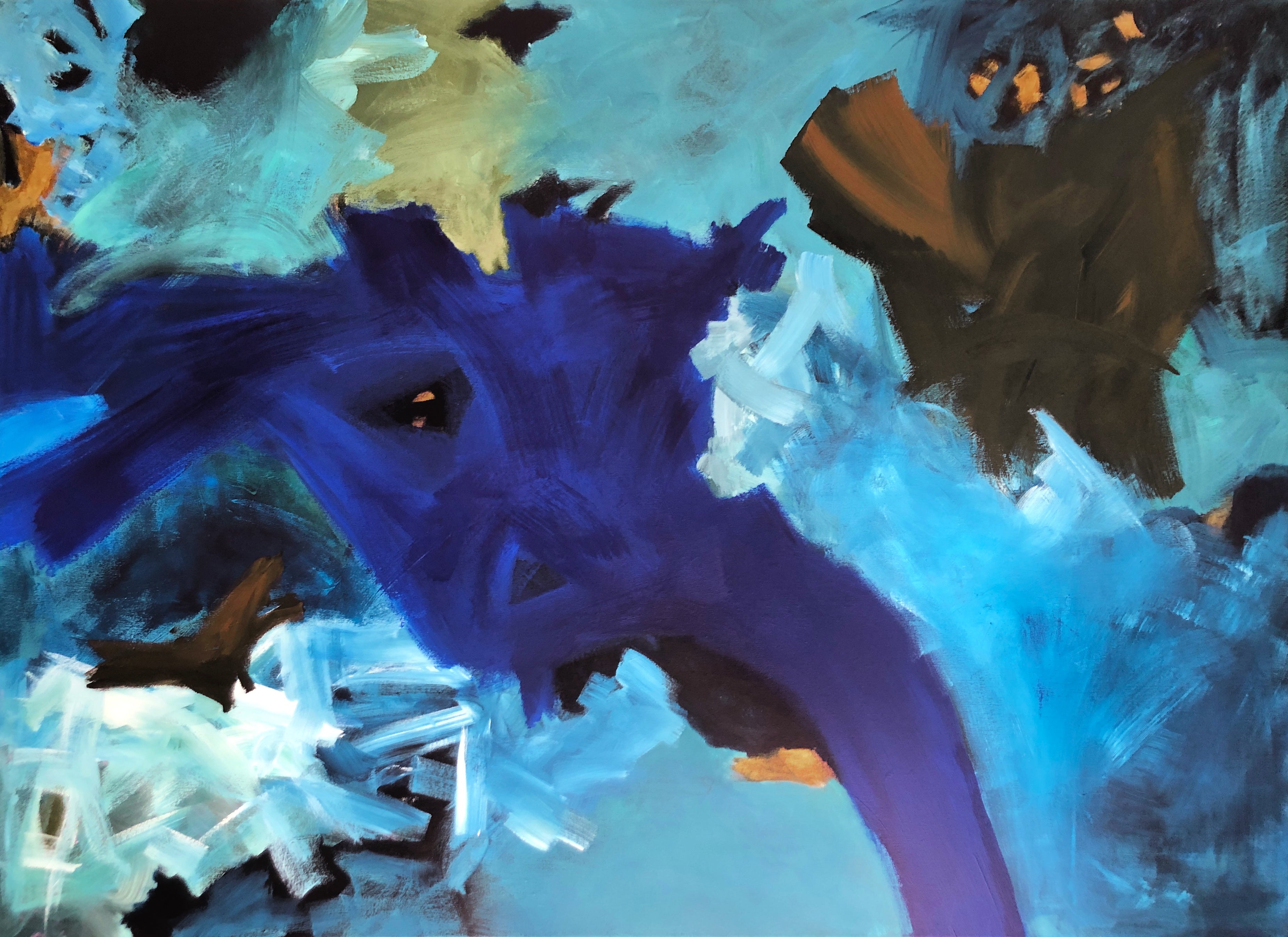 Contemporary abstract painting in blue colour palette and bold, expressive brushstrokes - cropped front view
