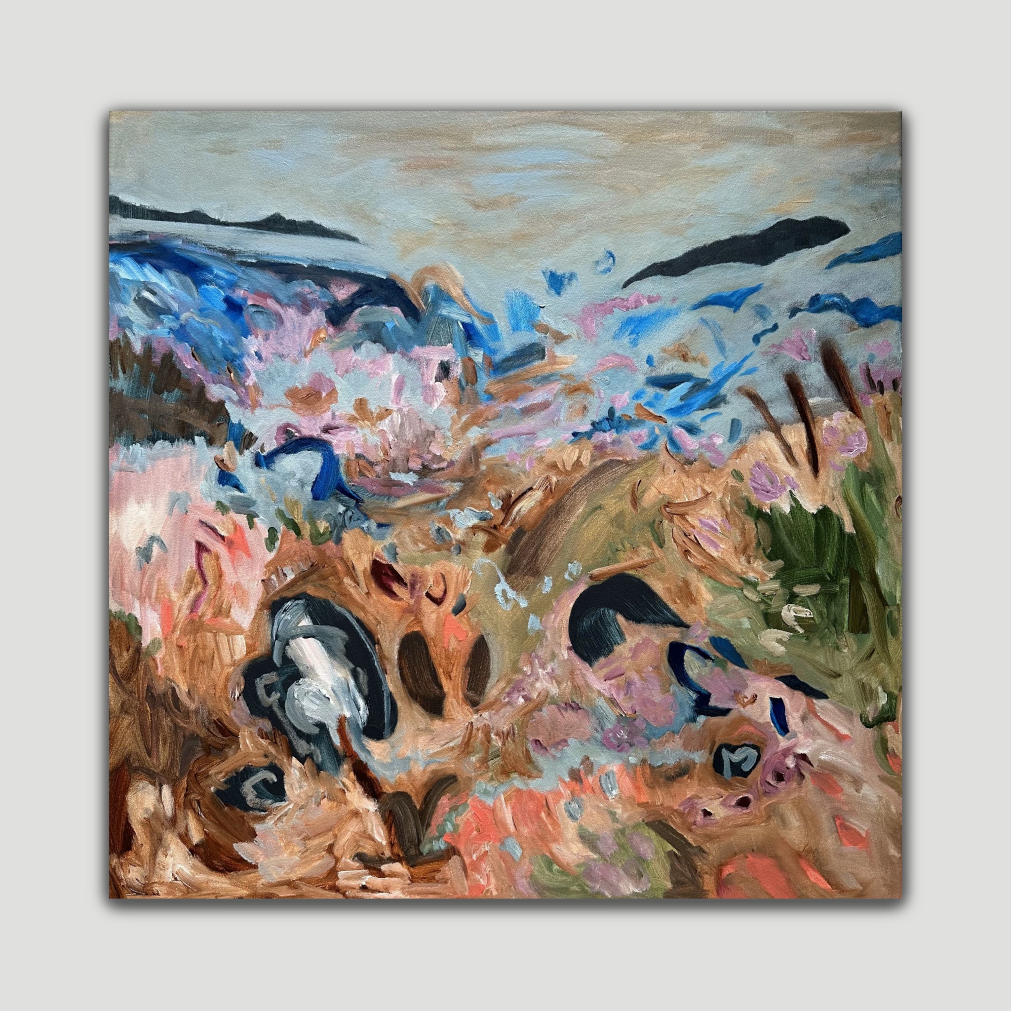 Colourful abstract landscape painting of land and sky in blue, green , beige, beige and purple