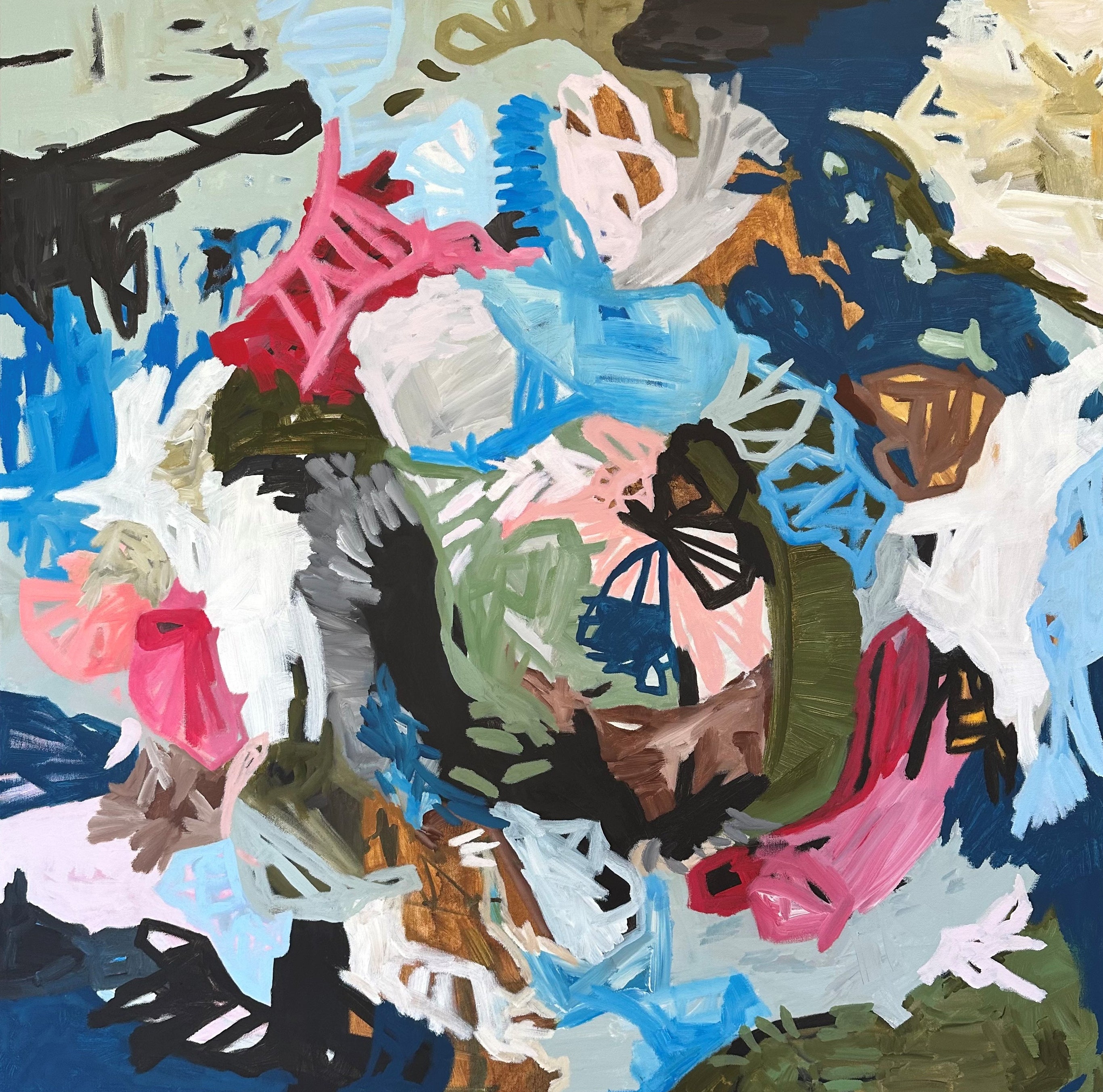 Expressive abstract painting inspired by nature in blue, pink, white, green and neutral shades - cropped front view